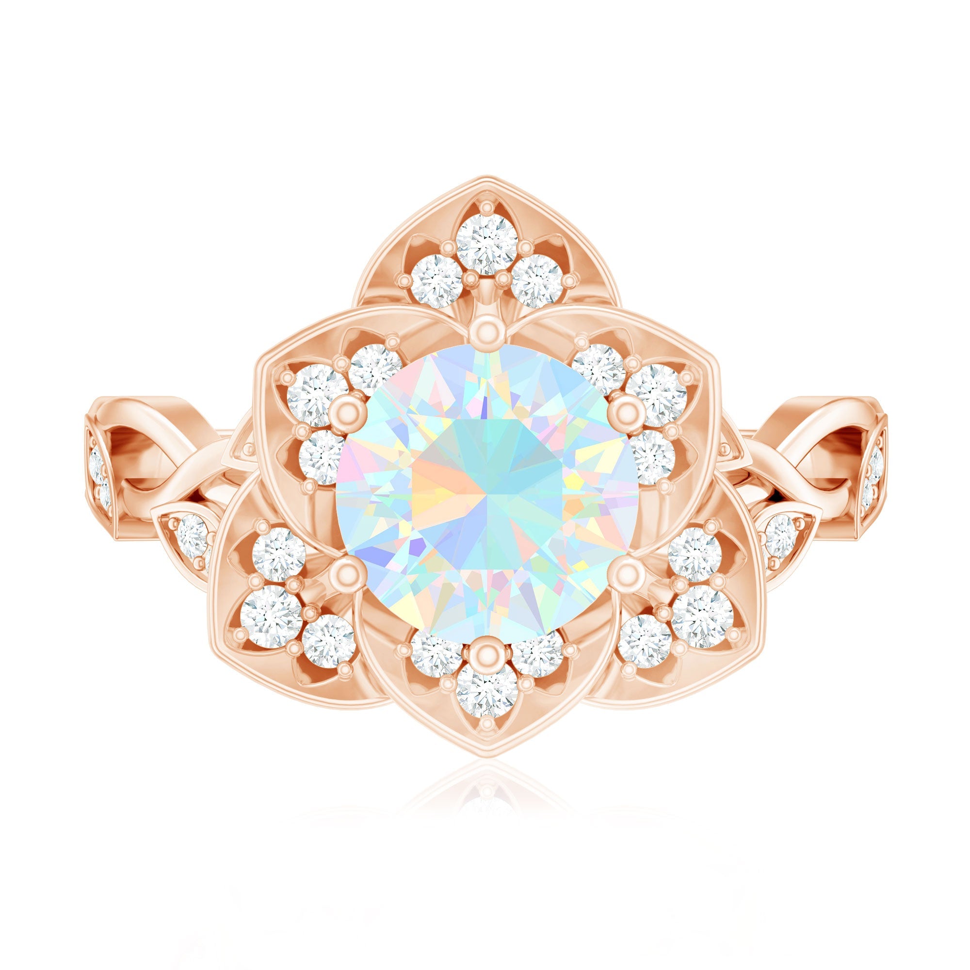 Natural 8mm Ethiopian Opal Flower Engagement Ring with Diamond