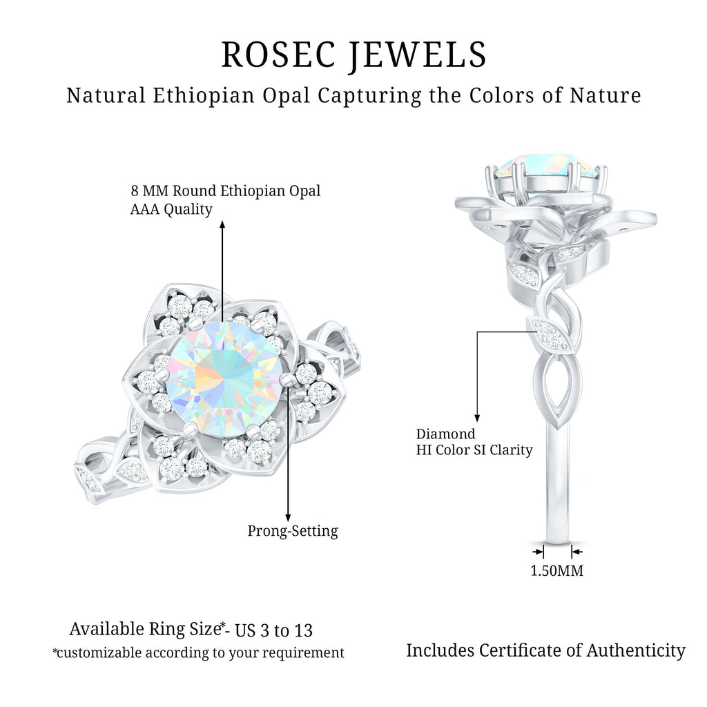 Natural 8mm Ethiopian Opal Flower Engagement Ring with Diamond