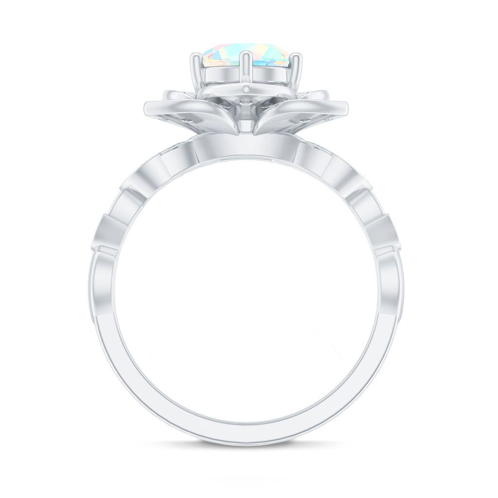 Natural 8mm Ethiopian Opal Flower Engagement Ring with Diamond