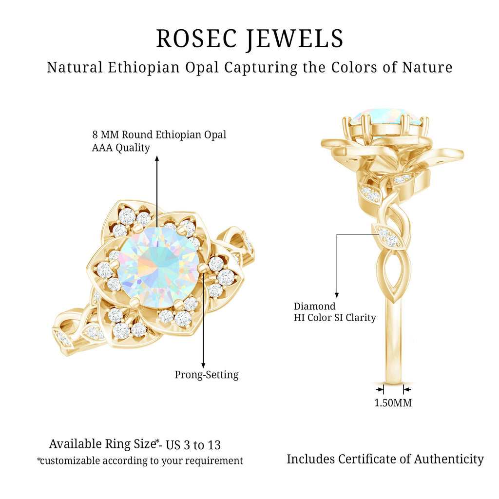 Natural 8mm Ethiopian Opal Flower Engagement Ring with Diamond