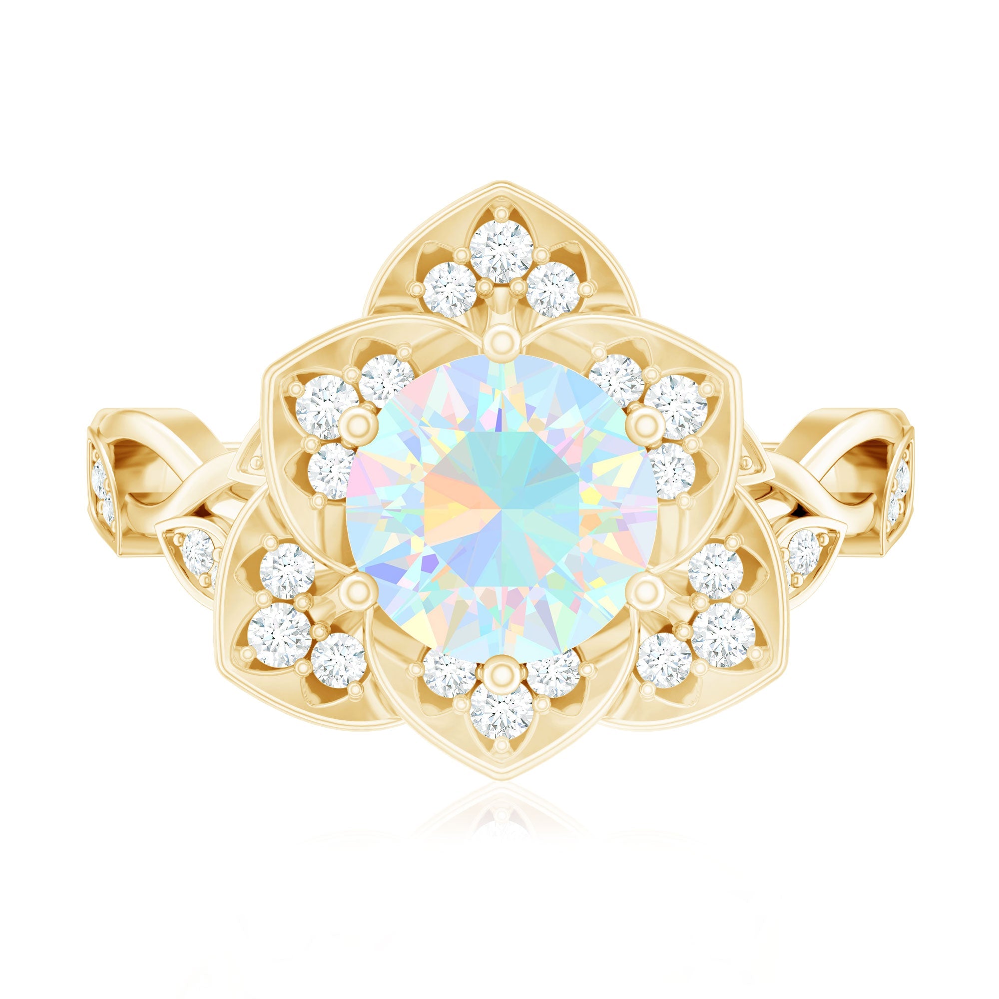 Natural 8mm Ethiopian Opal Flower Engagement Ring with Diamond