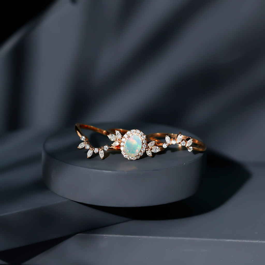 Natural Certified Ethiopian Opal Engagement Ring Set of 3