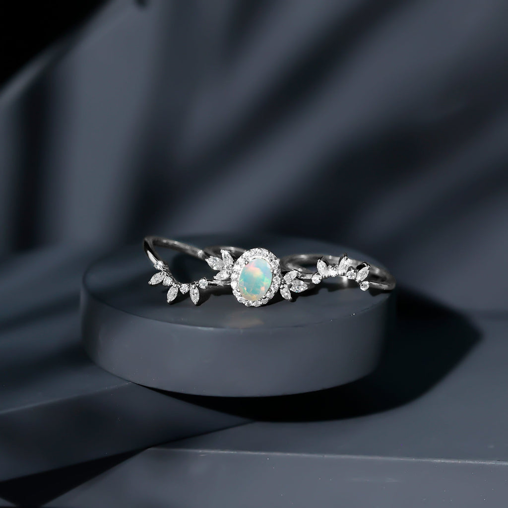 Natural Certified Ethiopian Opal Engagement Ring Set of 3