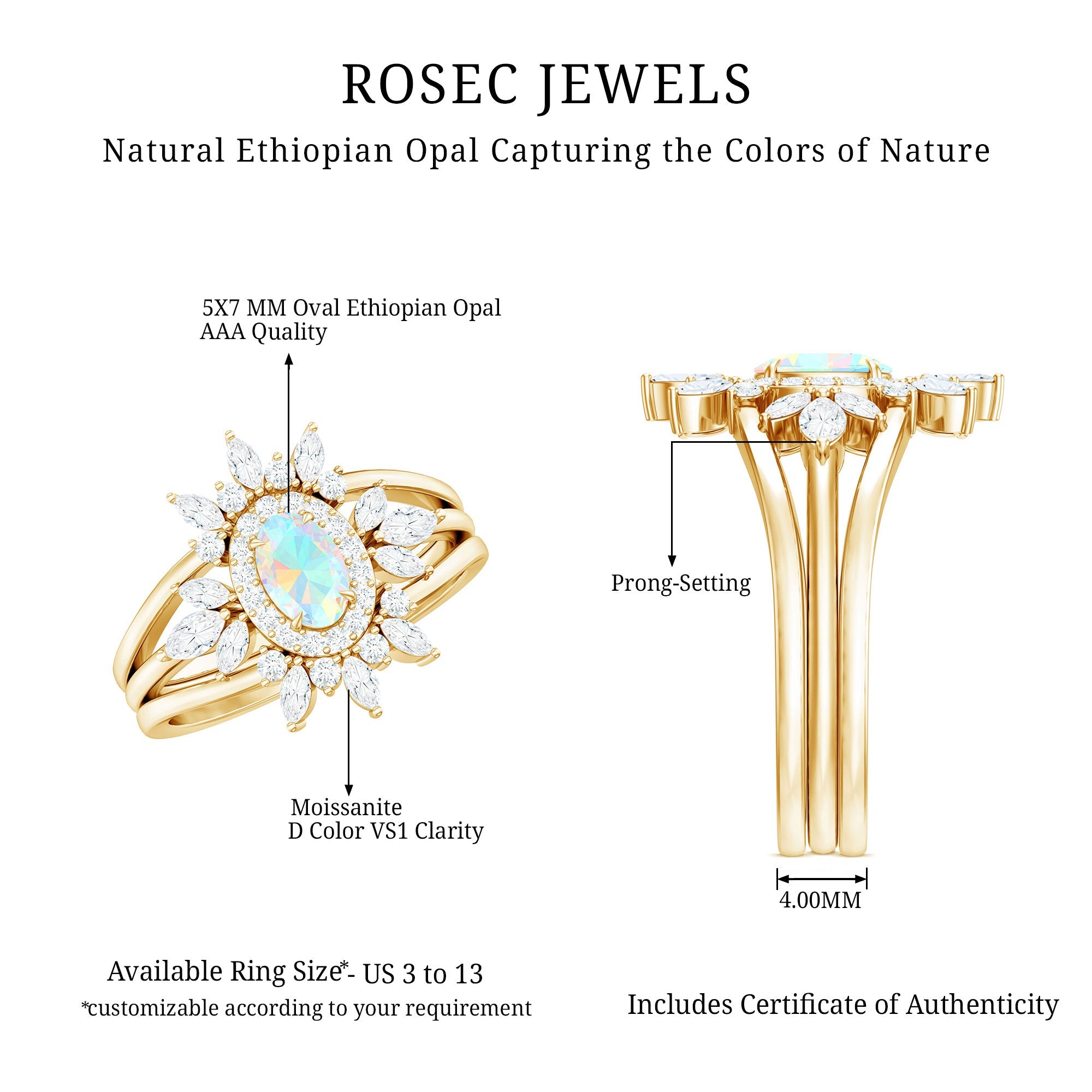 Natural Certified Ethiopian Opal Engagement Ring Set of 3