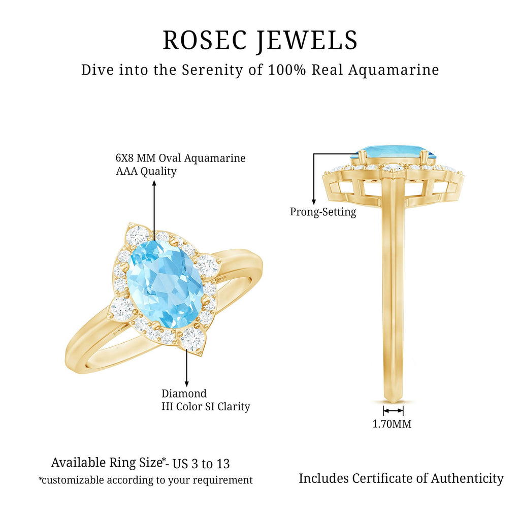 1.50 CT Art Deco Engagement Ring with Oval Shape Aquamarine and Diamond Accent