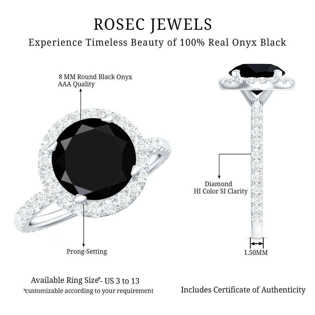 8mm Round Shape Black Onyx Engagement Ring with Diamond Halo