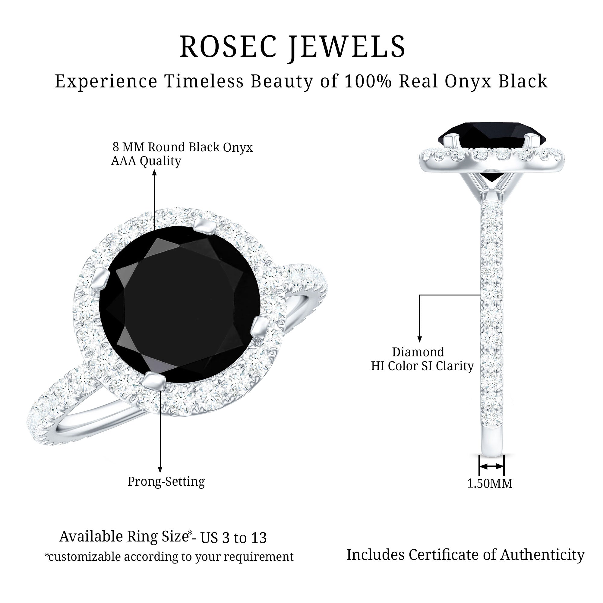 8mm Round Shape Black Onyx Engagement Ring with Diamond Halo