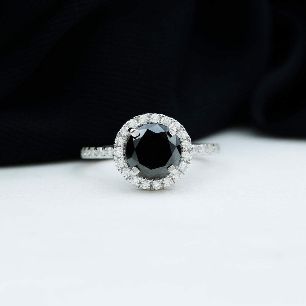 8mm Round Shape Black Onyx Engagement Ring with Diamond Halo