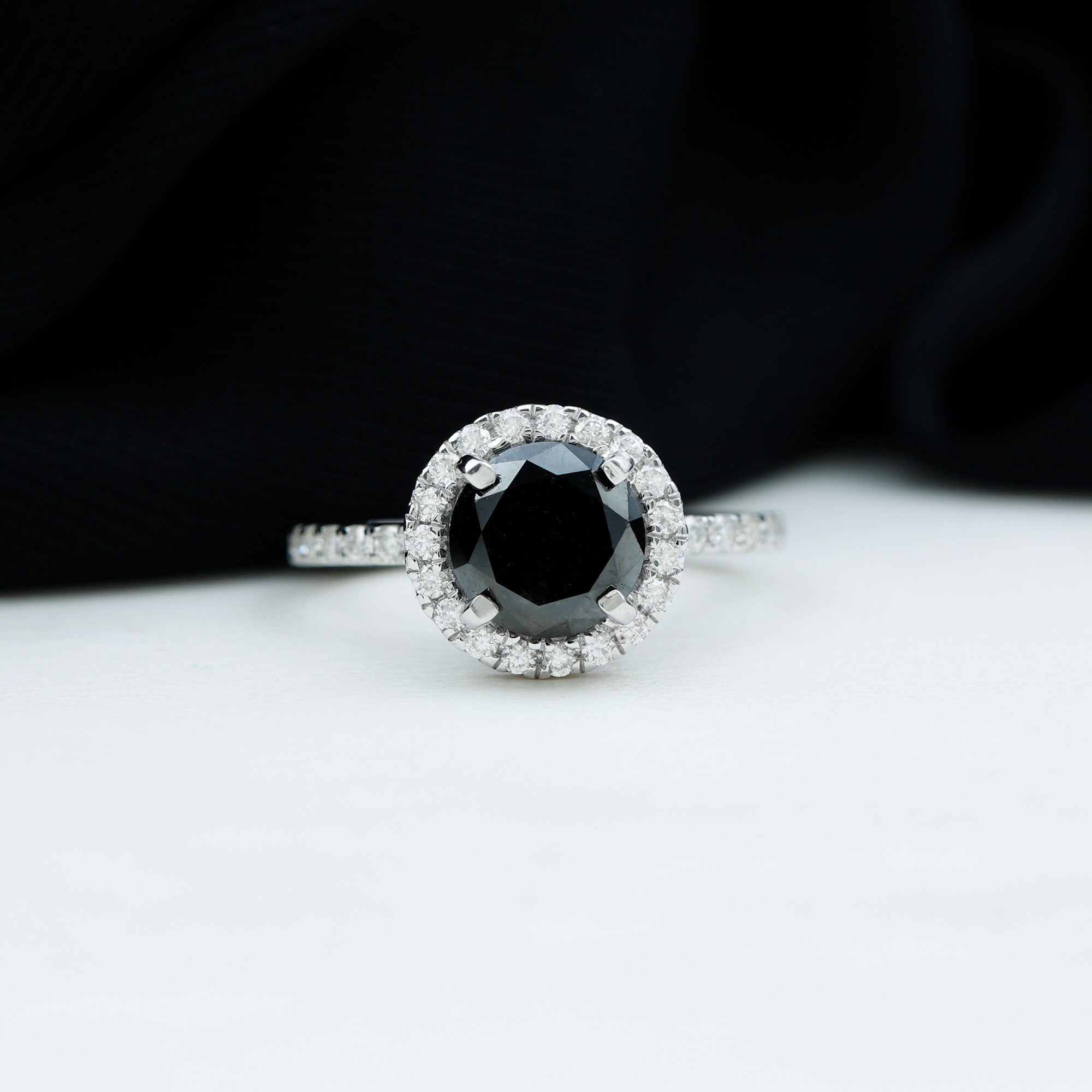 8mm Round Shape Black Onyx Engagement Ring with Diamond Halo