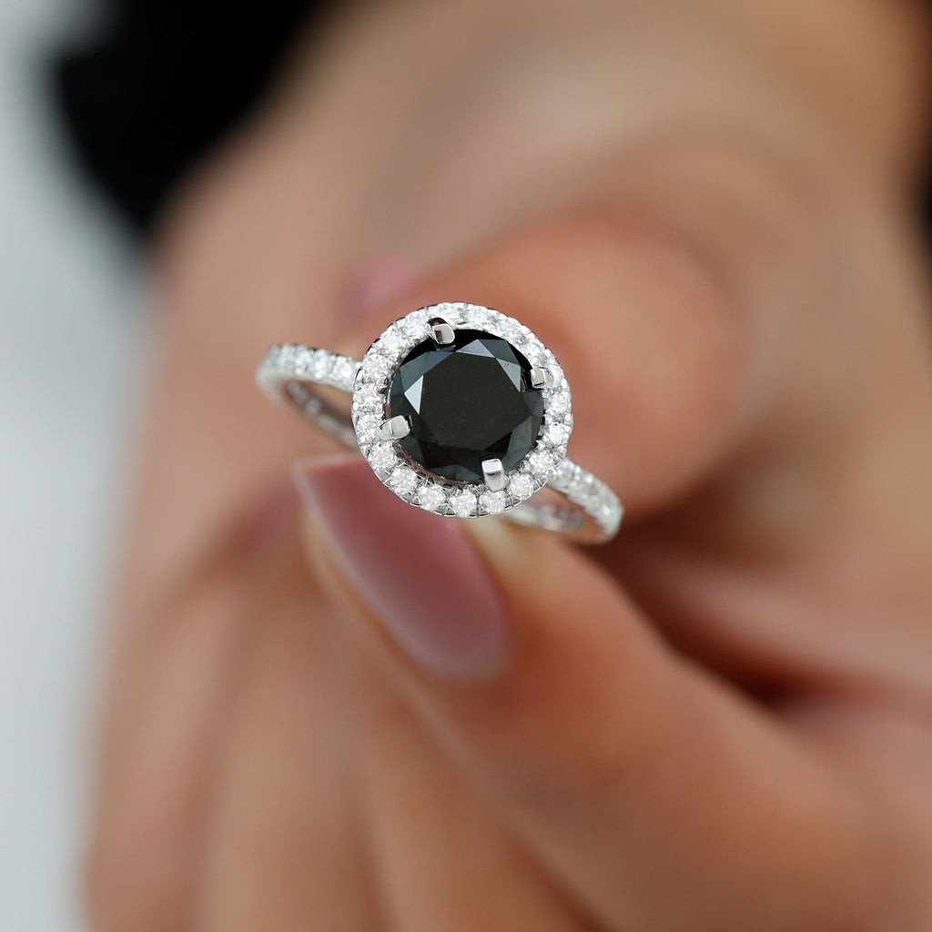 8mm Round Shape Black Onyx Engagement Ring with Diamond Halo