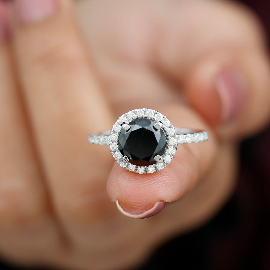 8mm Round Shape Black Onyx Engagement Ring with Diamond Halo