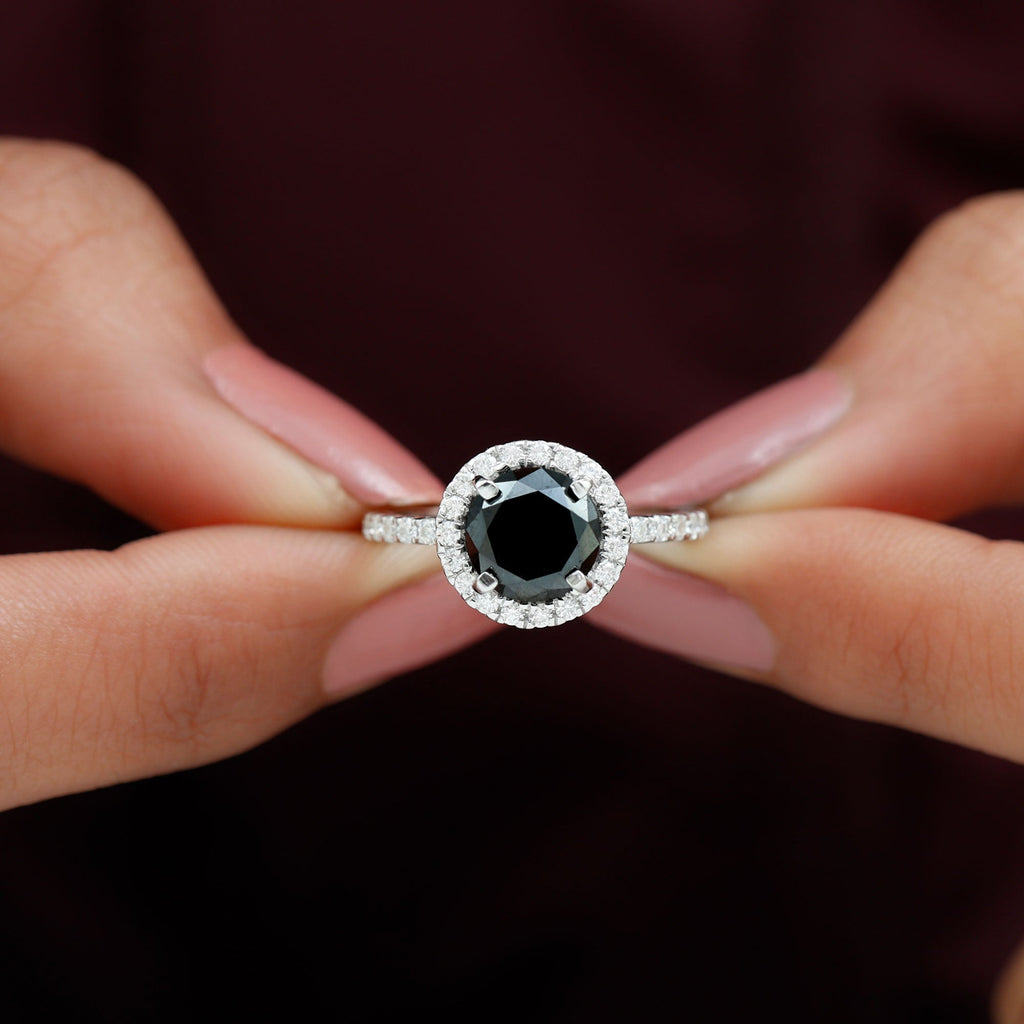 8mm Round Shape Black Onyx Engagement Ring with Diamond Halo