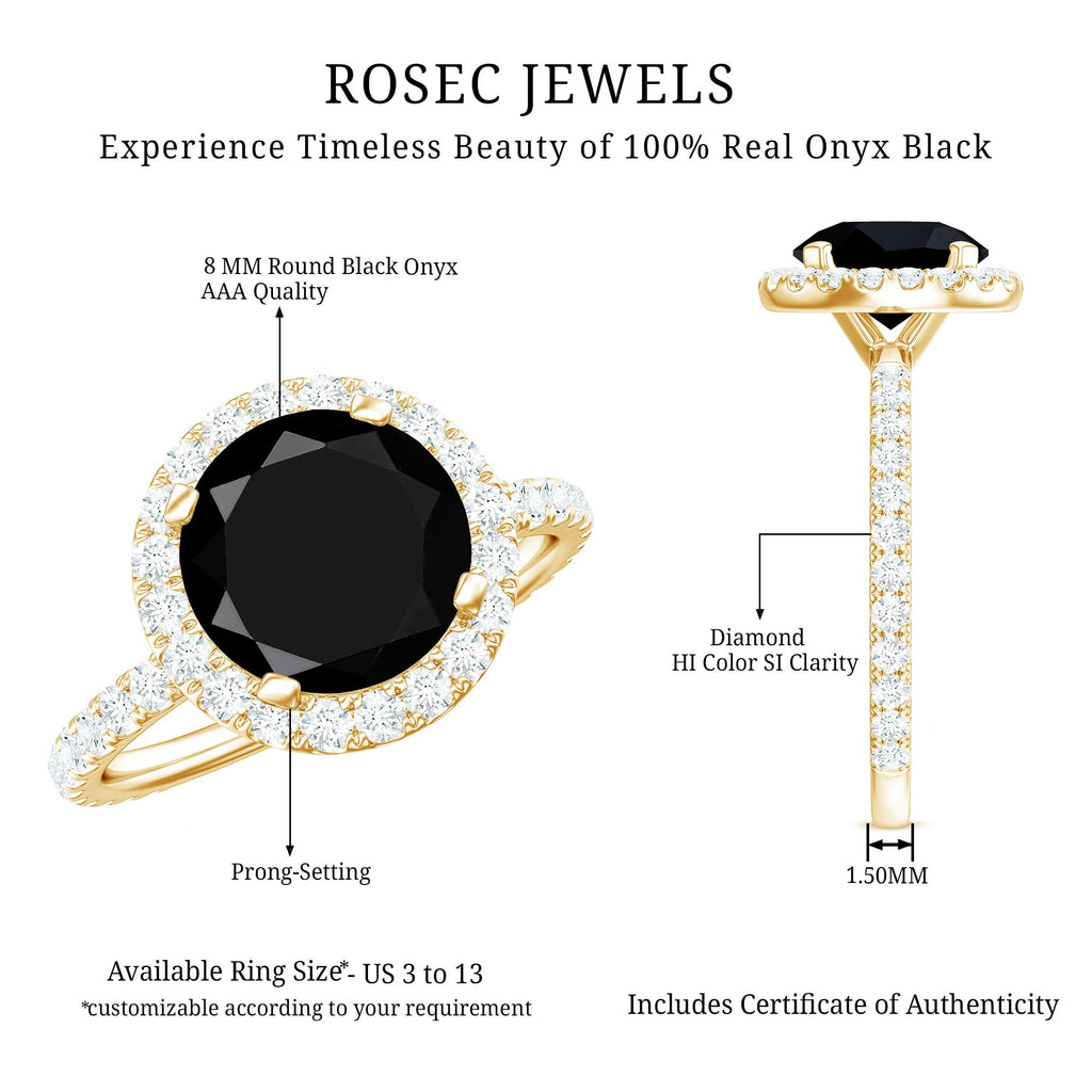 8mm Round Shape Black Onyx Engagement Ring with Diamond Halo