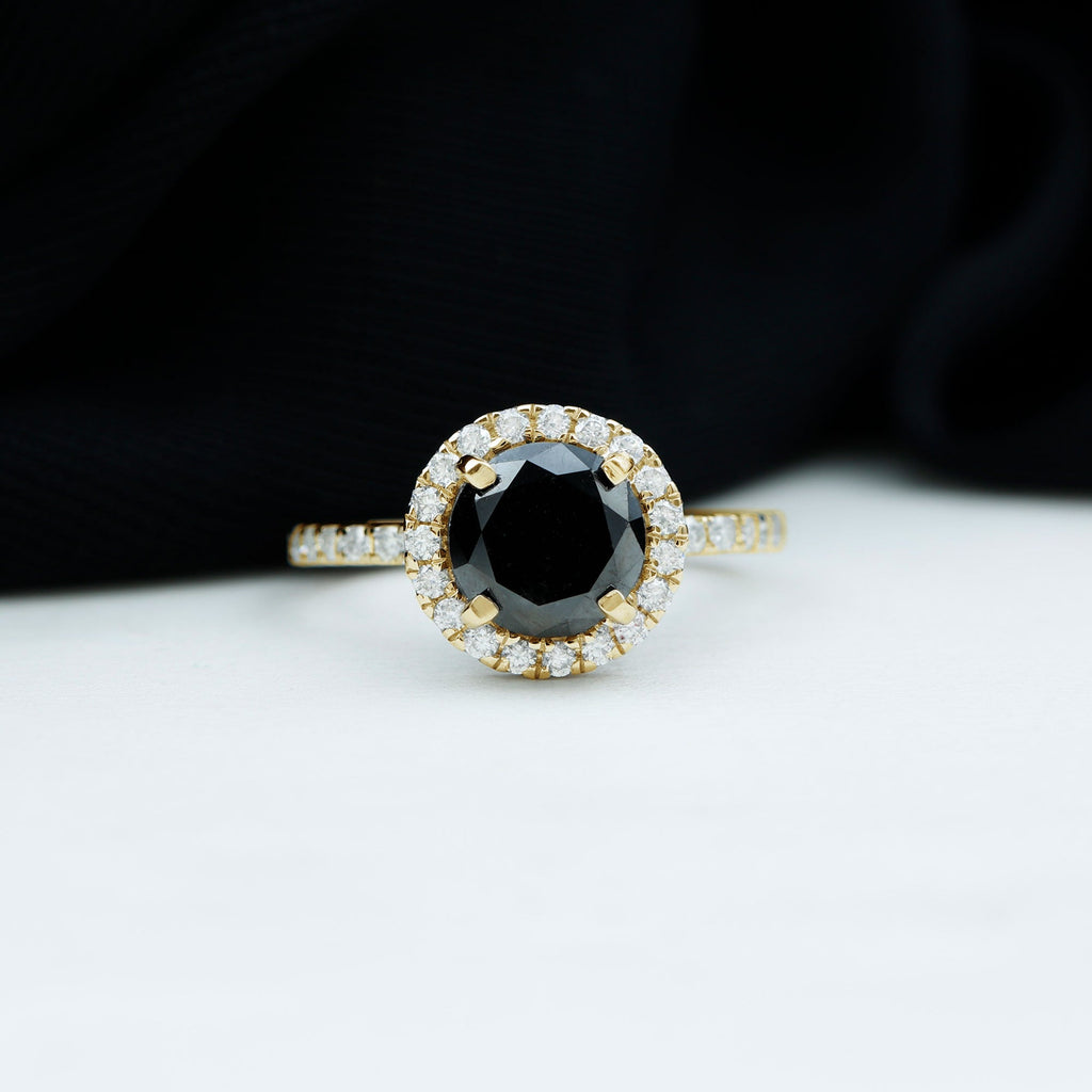 8mm Round Shape Black Onyx Engagement Ring with Diamond Halo