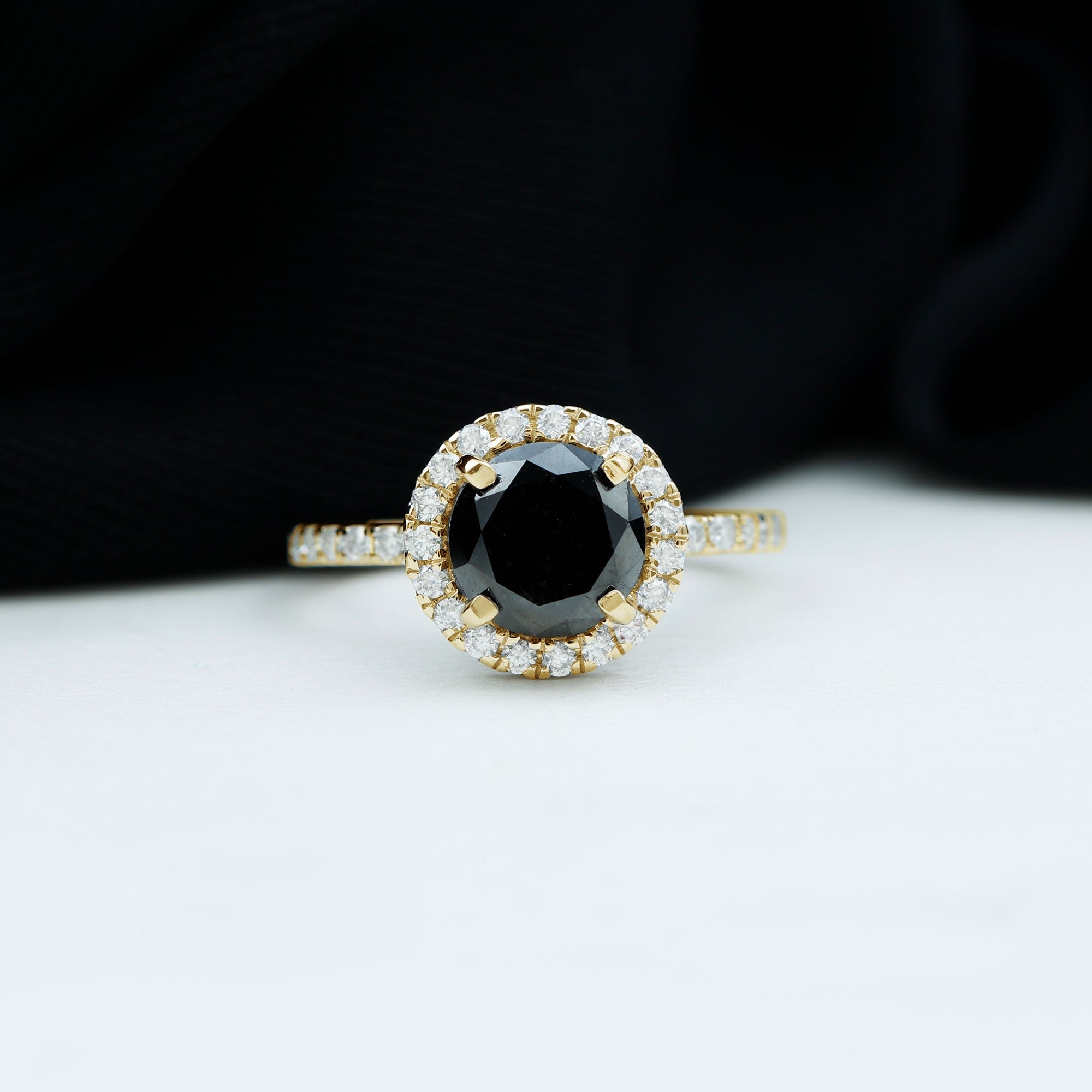 8mm Round Shape Black Onyx Engagement Ring with Diamond Halo