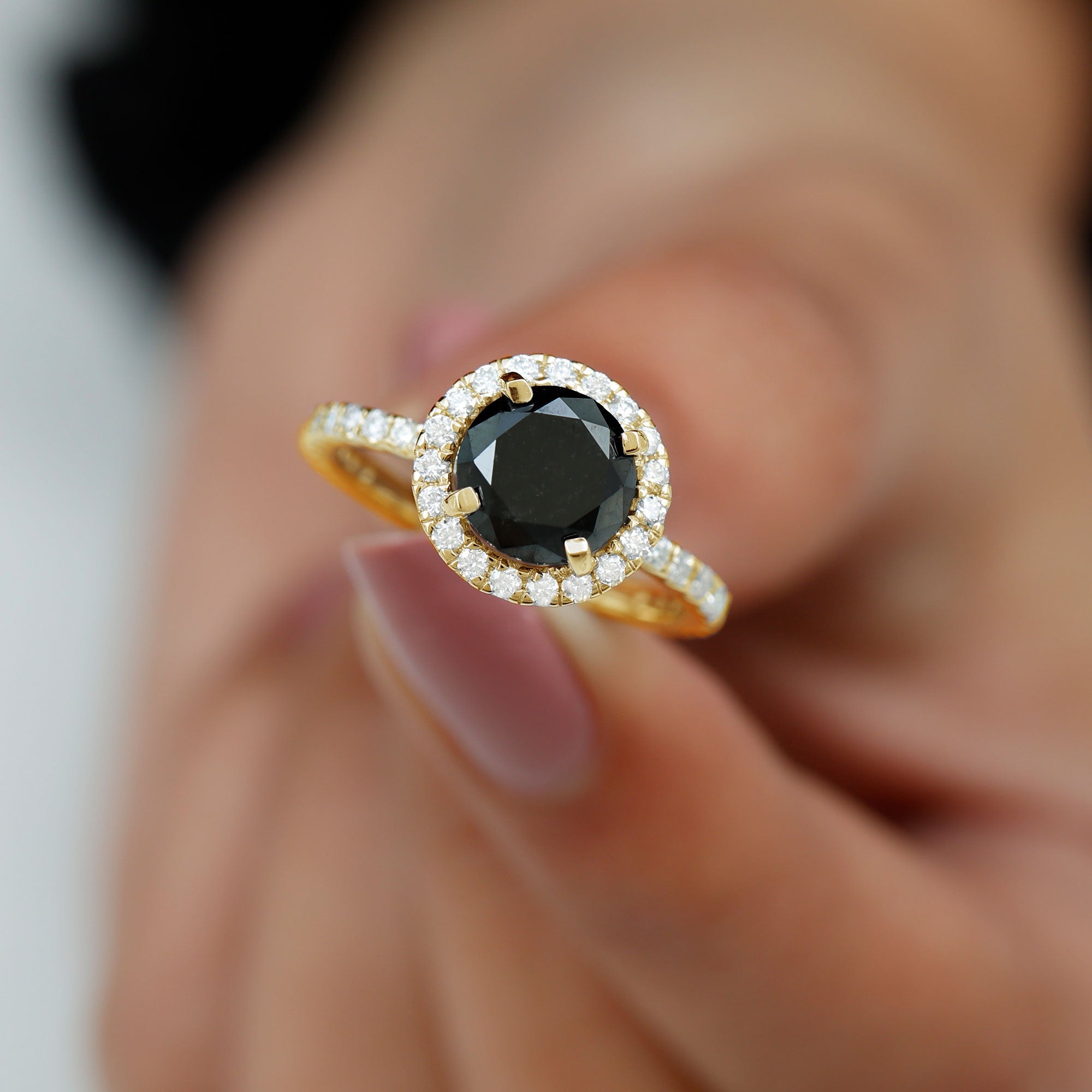 8mm Round Shape Black Onyx Engagement Ring with Diamond Halo
