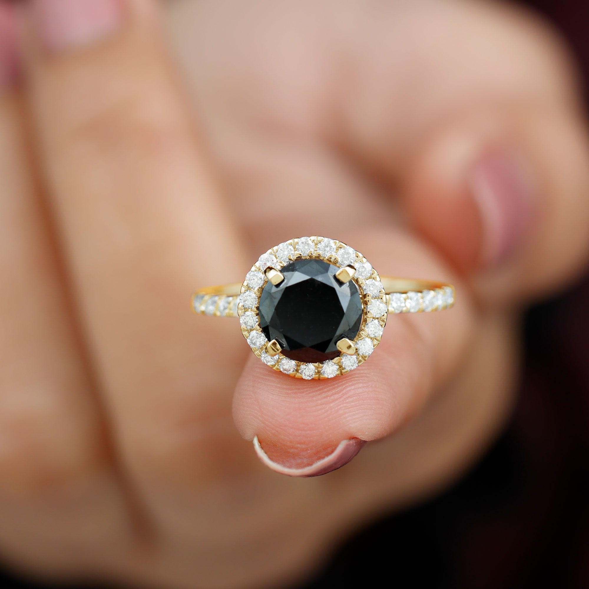 8mm Round Shape Black Onyx Engagement Ring with Diamond Halo