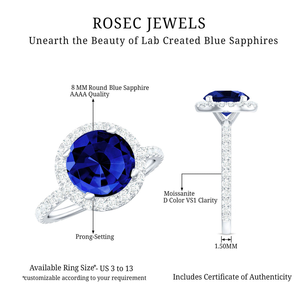 Certified 2.7 Carat Lab Grown Blue Sapphire Halo Engagement Ring with Moissanite