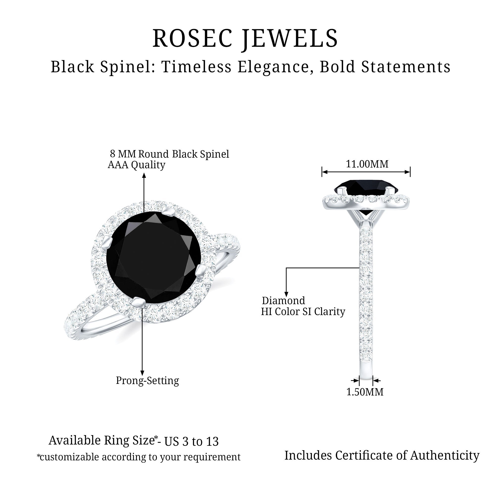 Natural Black Spinel Engagement Ring with Diamond Halo