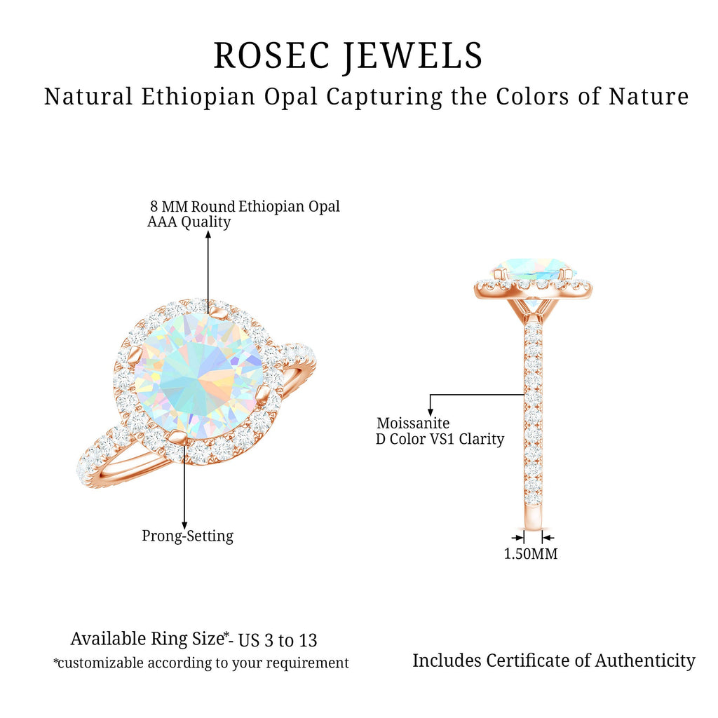 Certified Genuine 8mm Ethiopian Opal Engagement Ring with Halo
