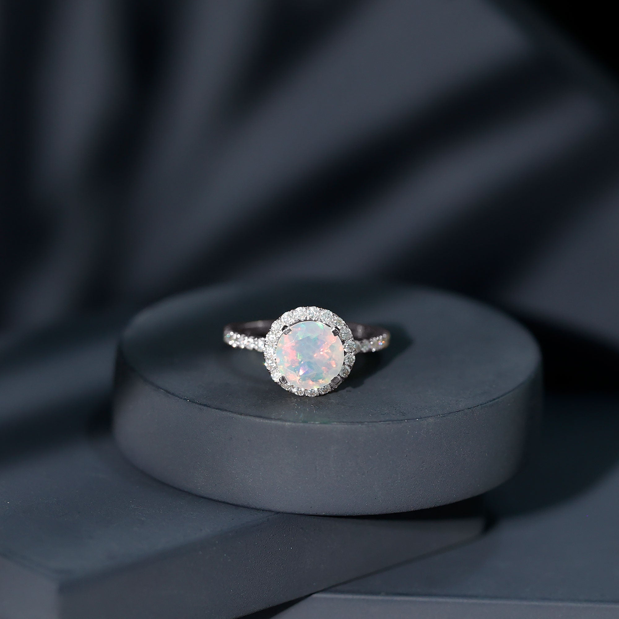 Certified Genuine 8mm Ethiopian Opal Engagement Ring with Halo