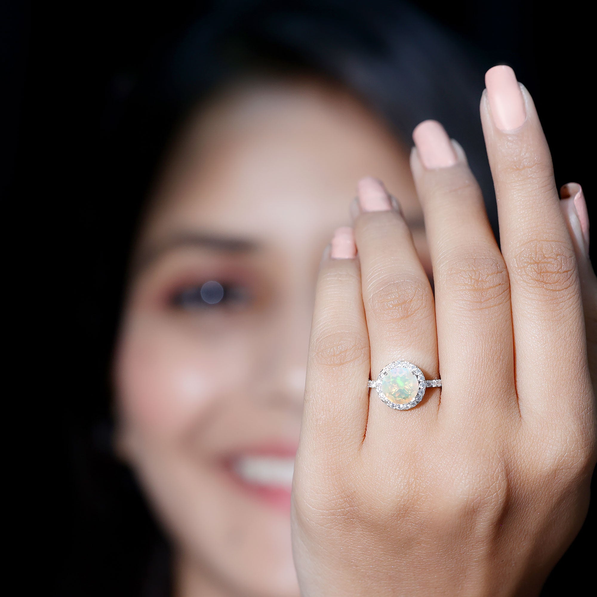 Certified Genuine 8mm Ethiopian Opal Engagement Ring with Halo