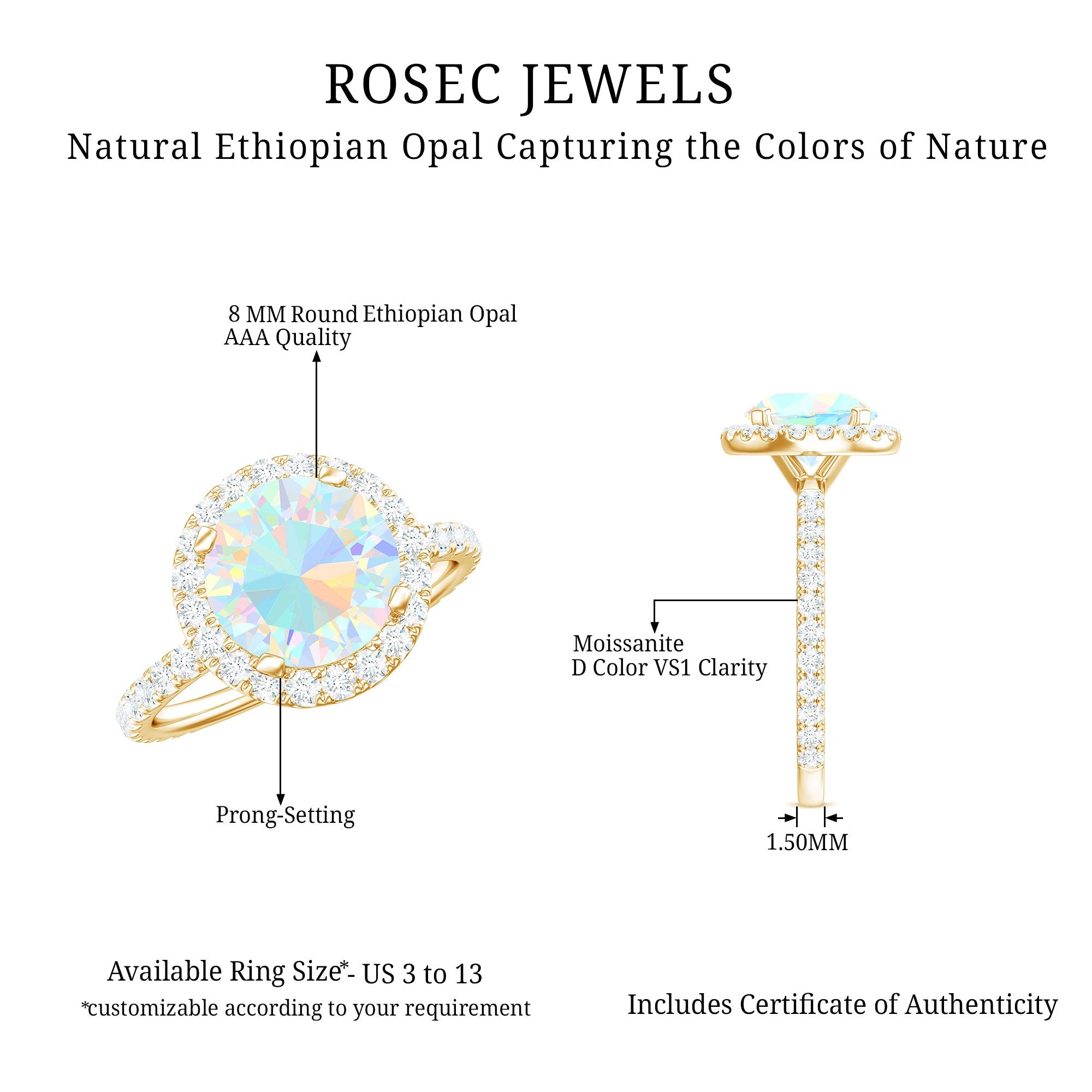 Certified Genuine 8mm Ethiopian Opal Engagement Ring with Halo
