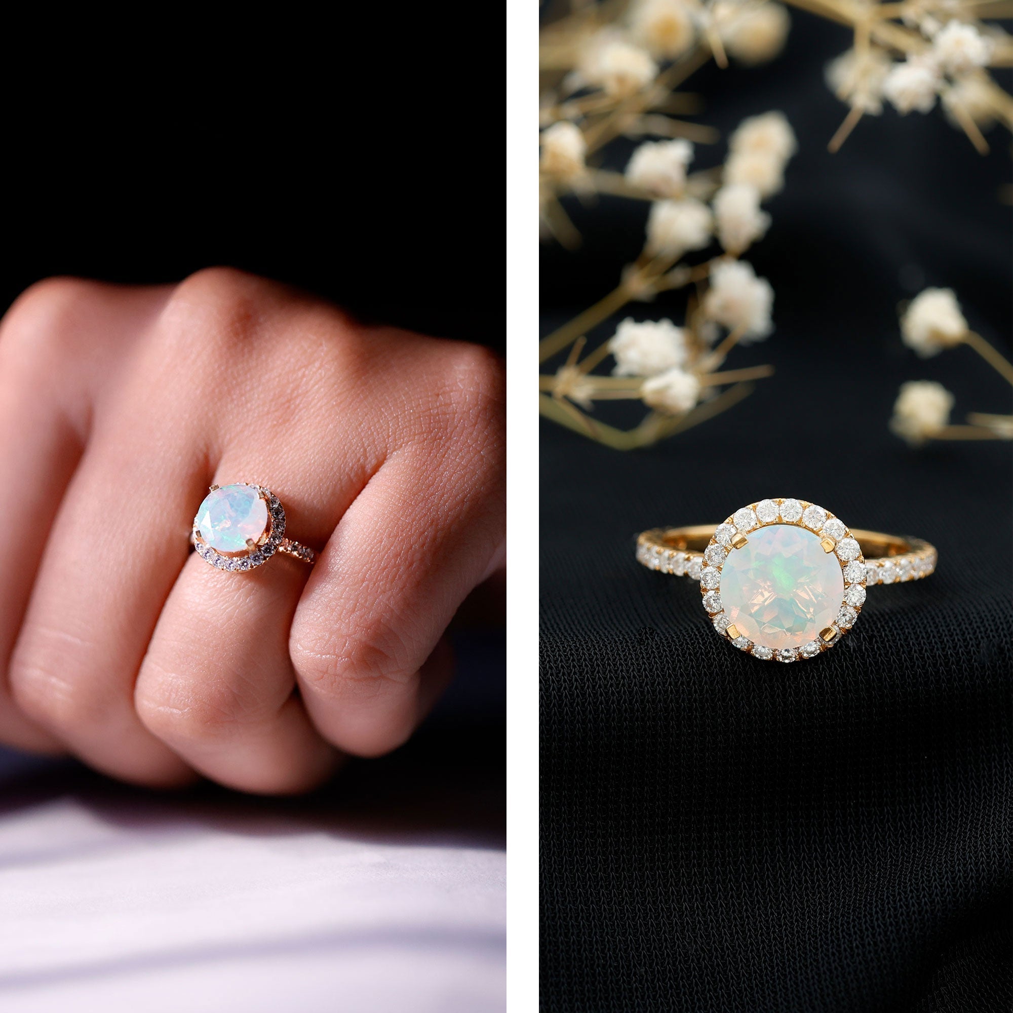 Certified Genuine 8mm Ethiopian Opal Engagement Ring with Halo