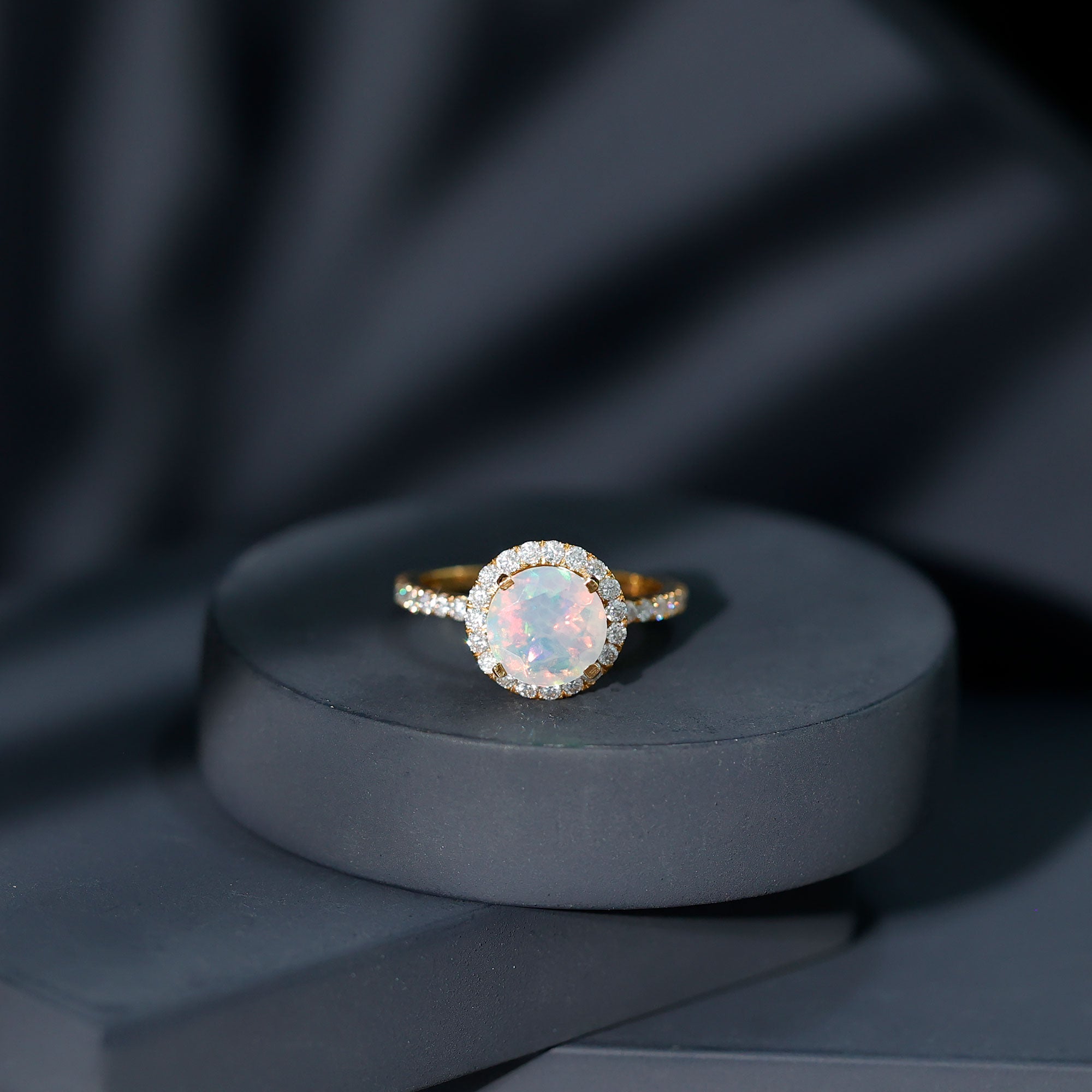 Certified Genuine 8mm Ethiopian Opal Engagement Ring with Halo