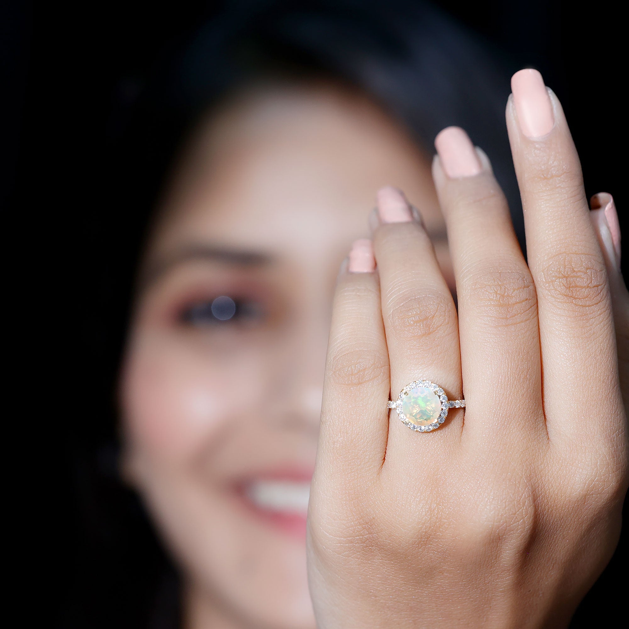Certified Genuine 8mm Ethiopian Opal Engagement Ring with Halo