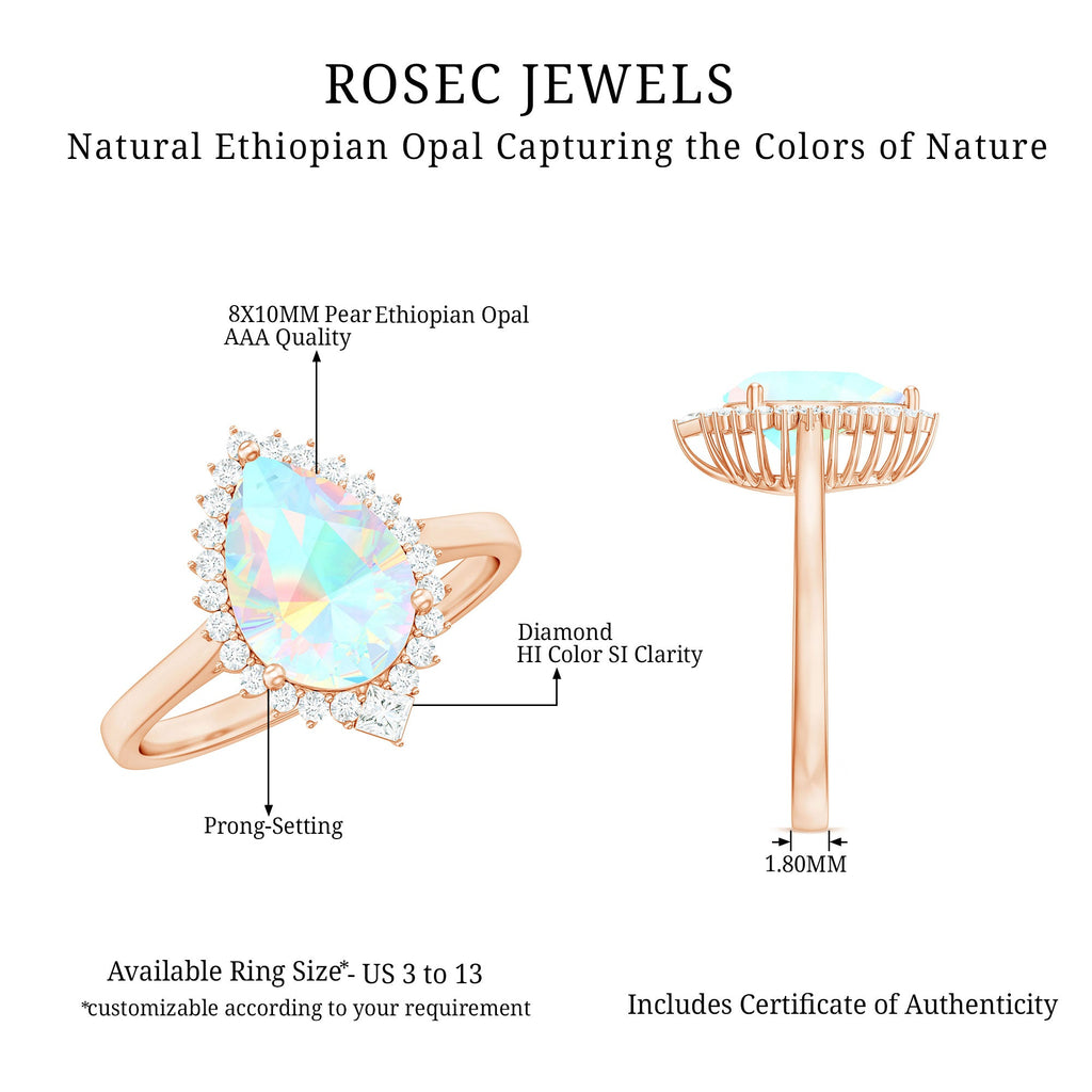Certified Real 8X10mm Ethiopian Rainbow Opal Teardrop Engagement Ring with Diamond Halo