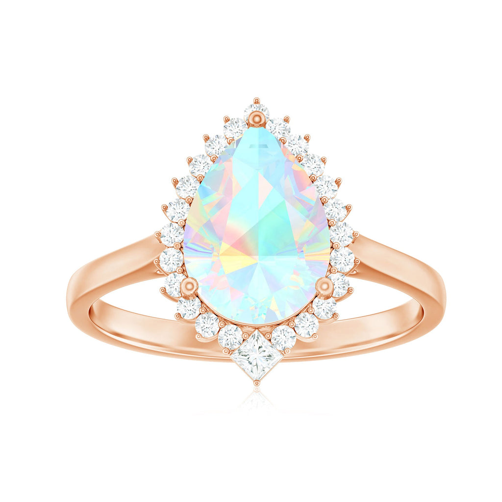 Certified Real 8X10mm Ethiopian Rainbow Opal Teardrop Engagement Ring with Diamond Halo