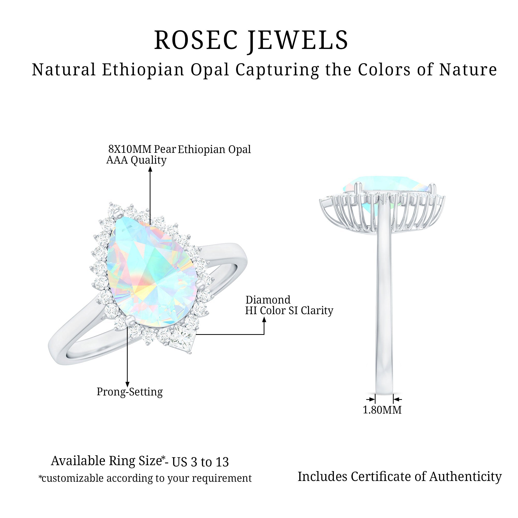 Certified Real 8X10mm Ethiopian Rainbow Opal Teardrop Engagement Ring with Diamond Halo