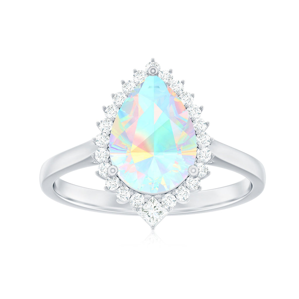 Certified Real 8X10mm Ethiopian Rainbow Opal Teardrop Engagement Ring with Diamond Halo