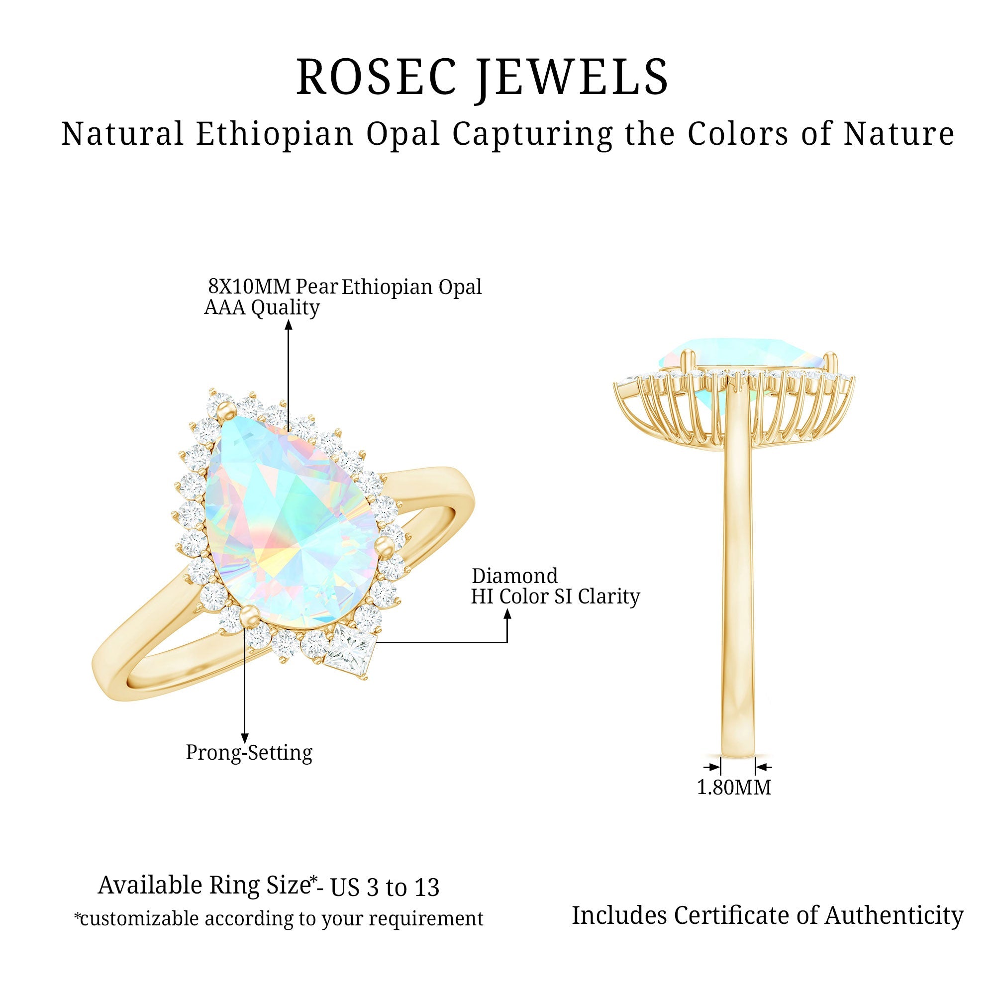Certified Real 8X10mm Ethiopian Rainbow Opal Teardrop Engagement Ring with Diamond Halo