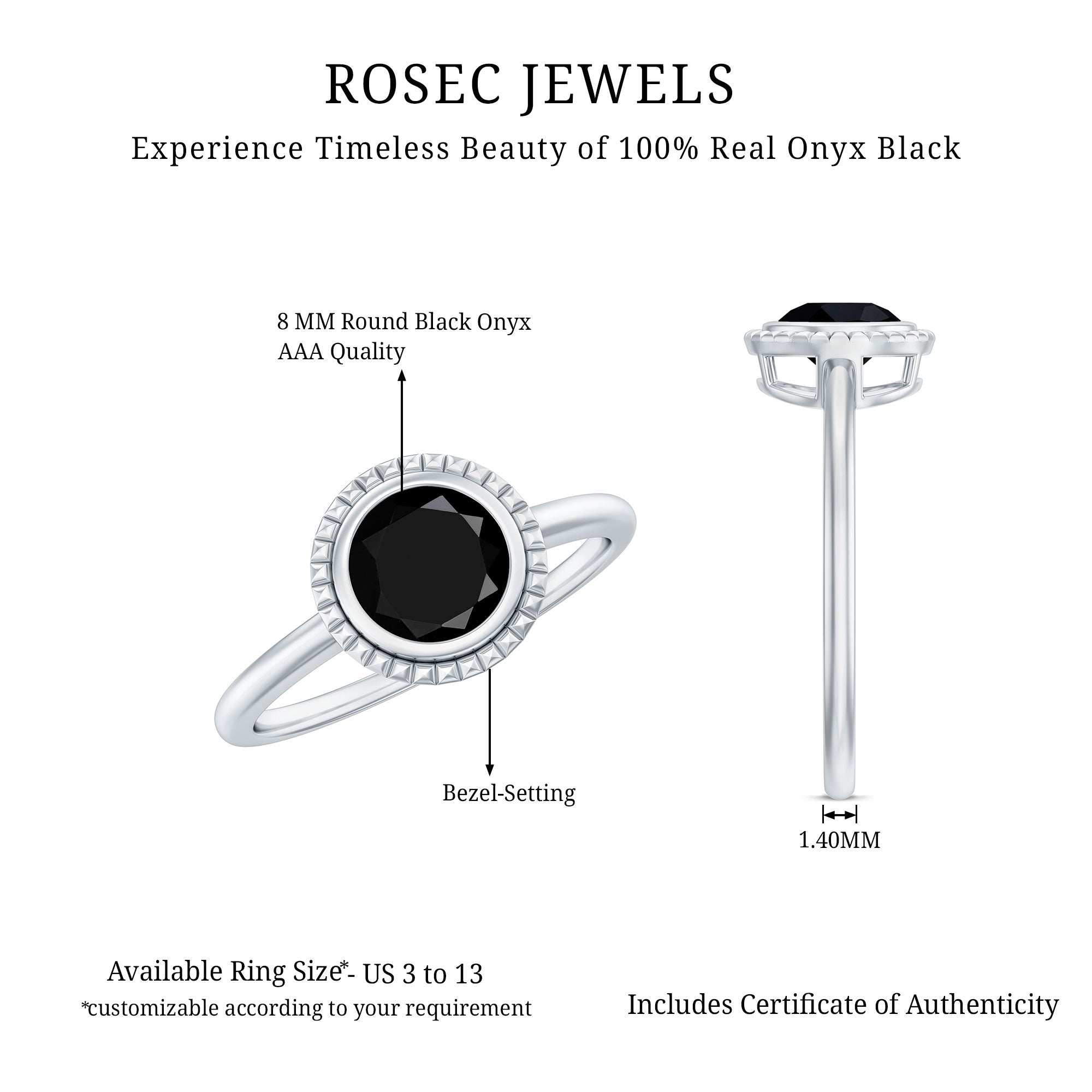8mm Round Shape Black Onyx Solitaire Ring in Bezel Setting