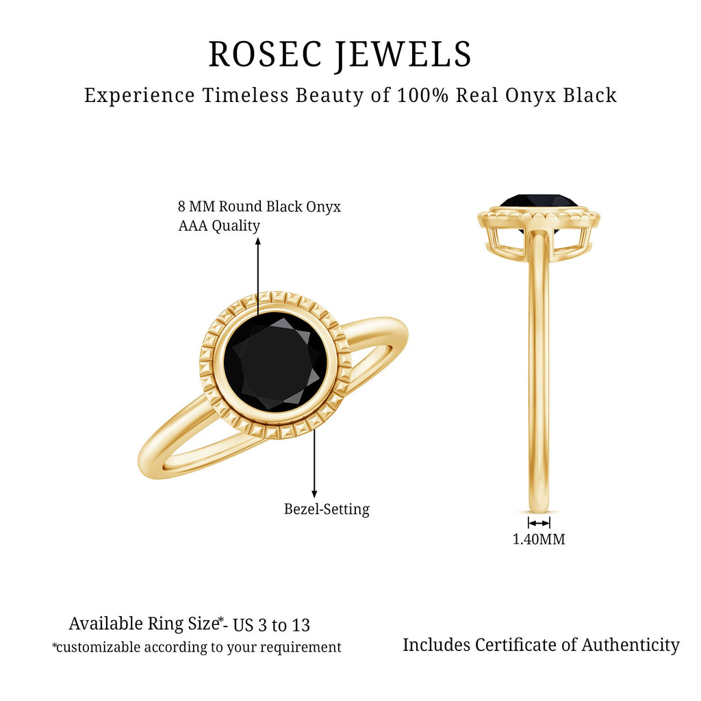 8mm Round Shape Black Onyx Solitaire Ring in Bezel Setting