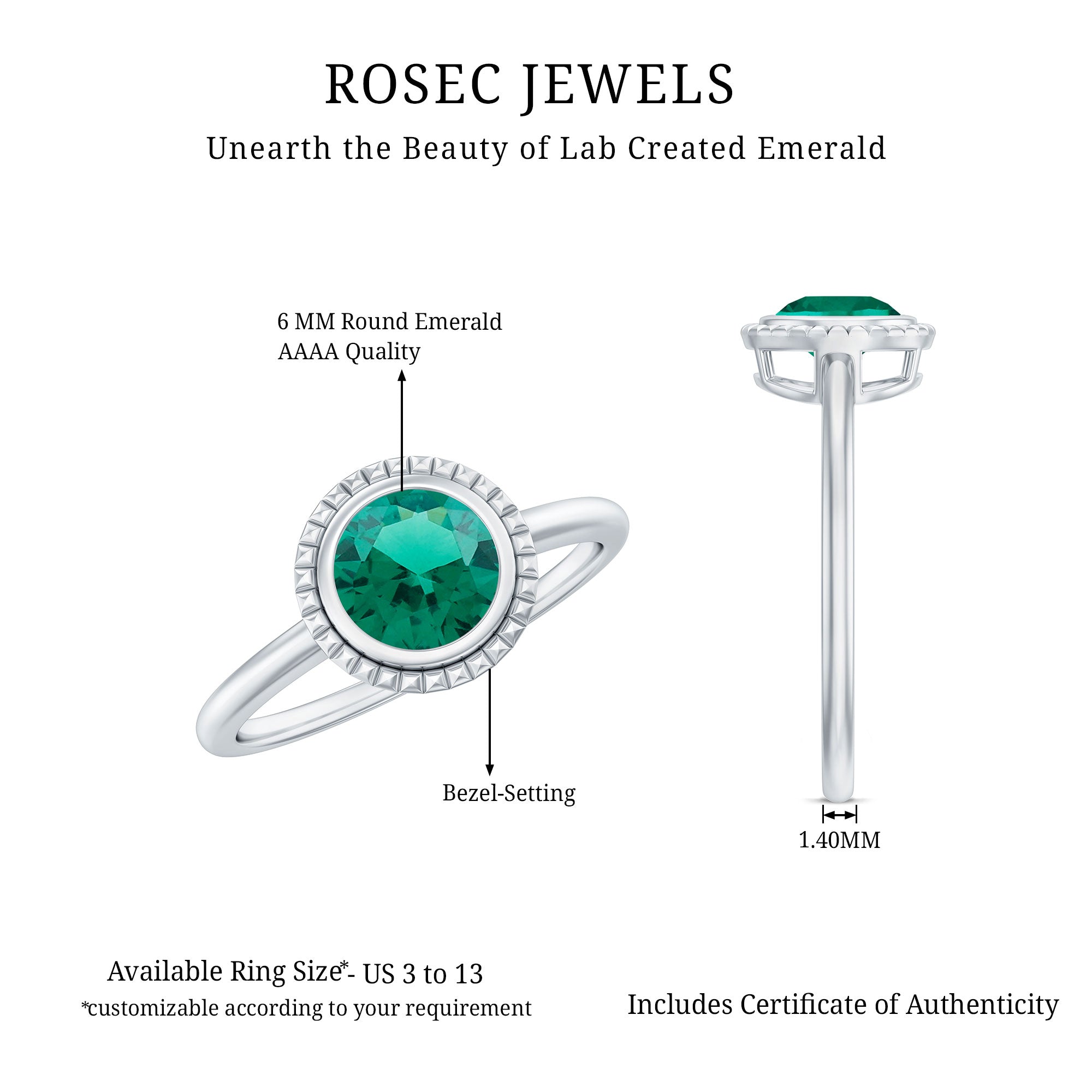 Certified 6 mm Lab Grown Emerald Solitaire Engagement Ring in Bezel Setting