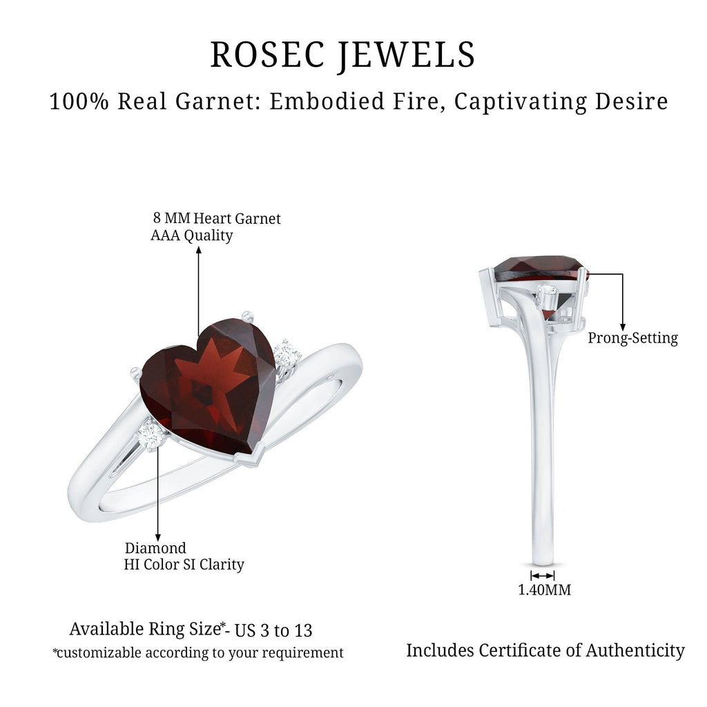 Genuine 8mm Garnet Heart Shaped Engagement Ring with Diamond