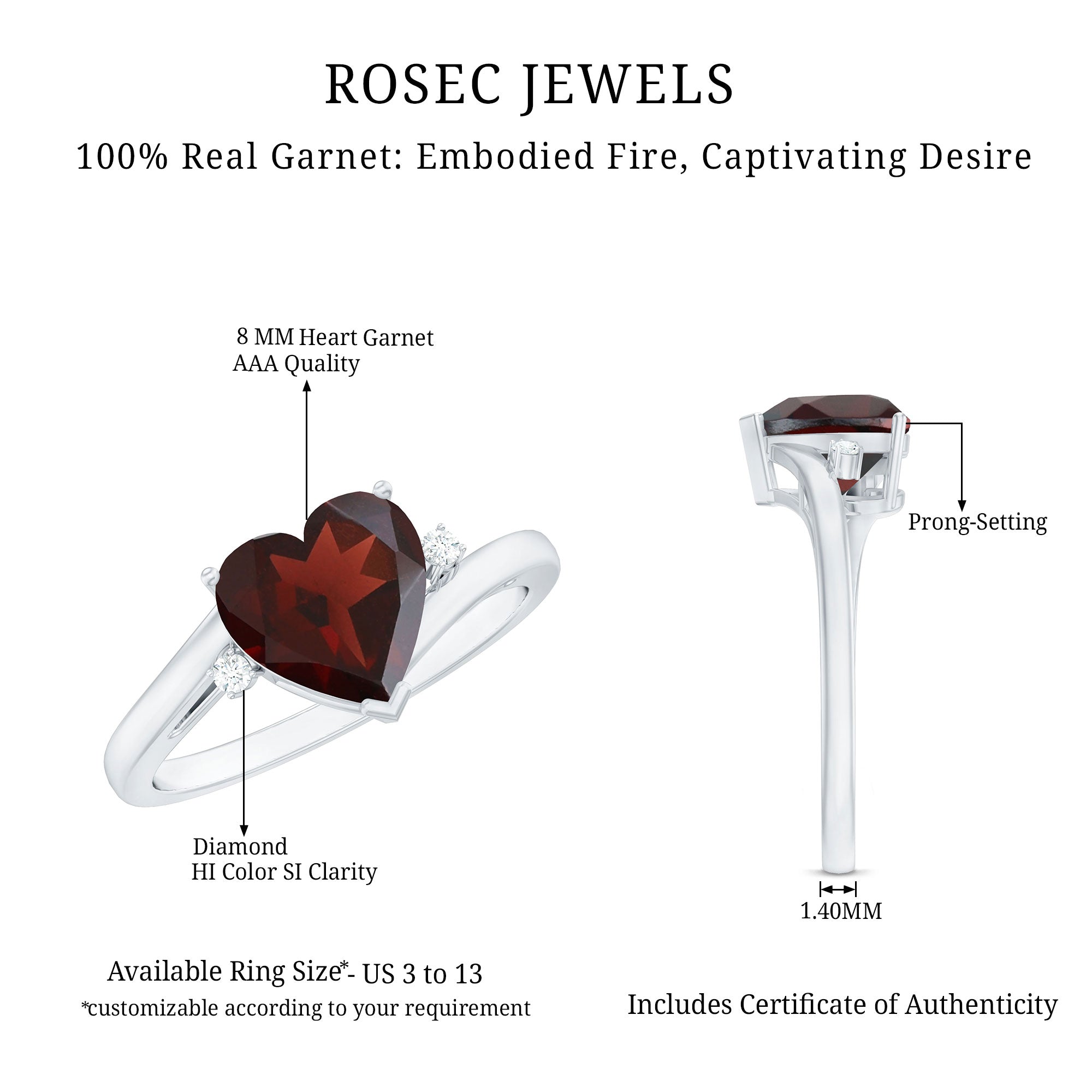 Genuine 8mm Garnet Heart Shaped Engagement Ring with Diamond