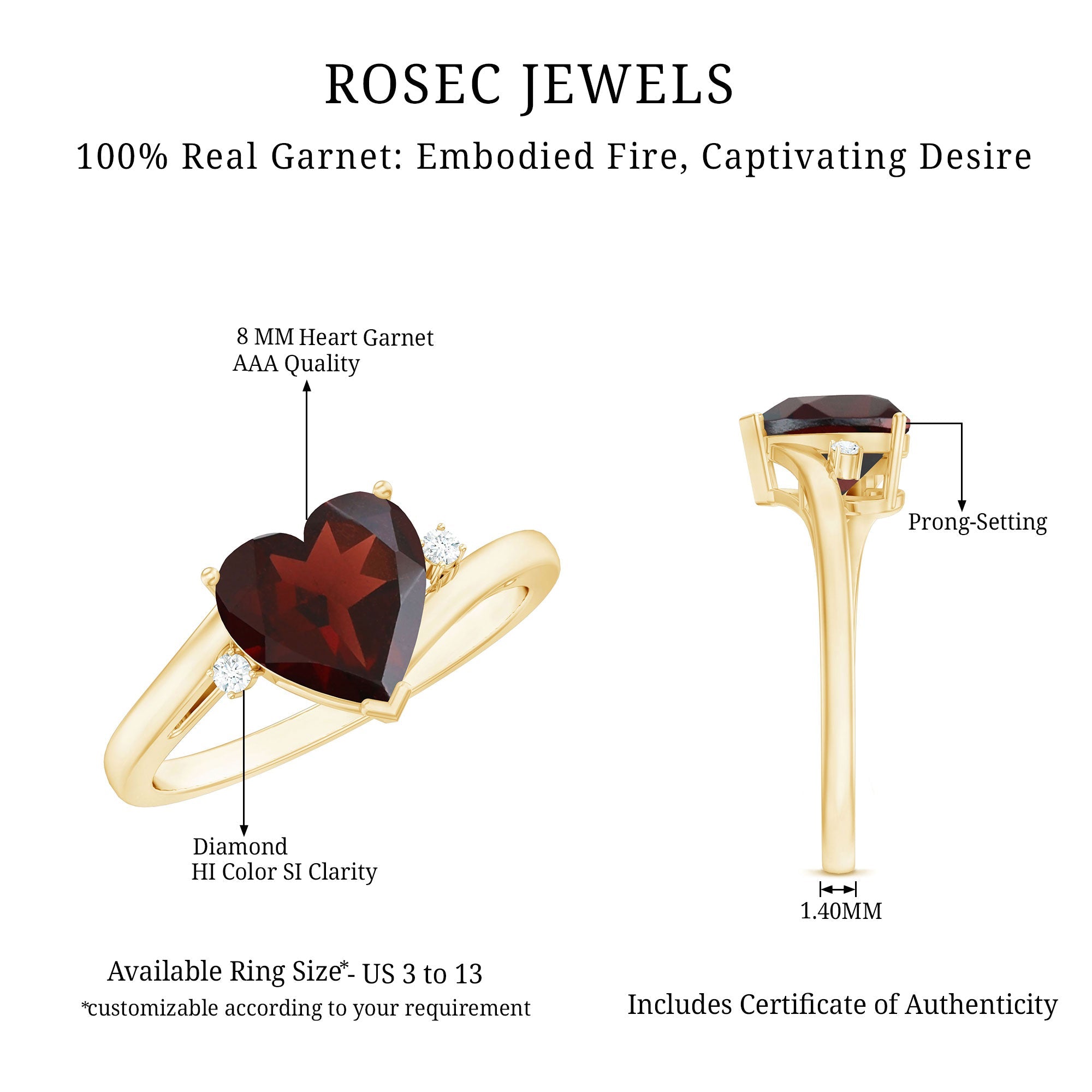 Genuine 8mm Garnet Heart Shaped Engagement Ring with Diamond
