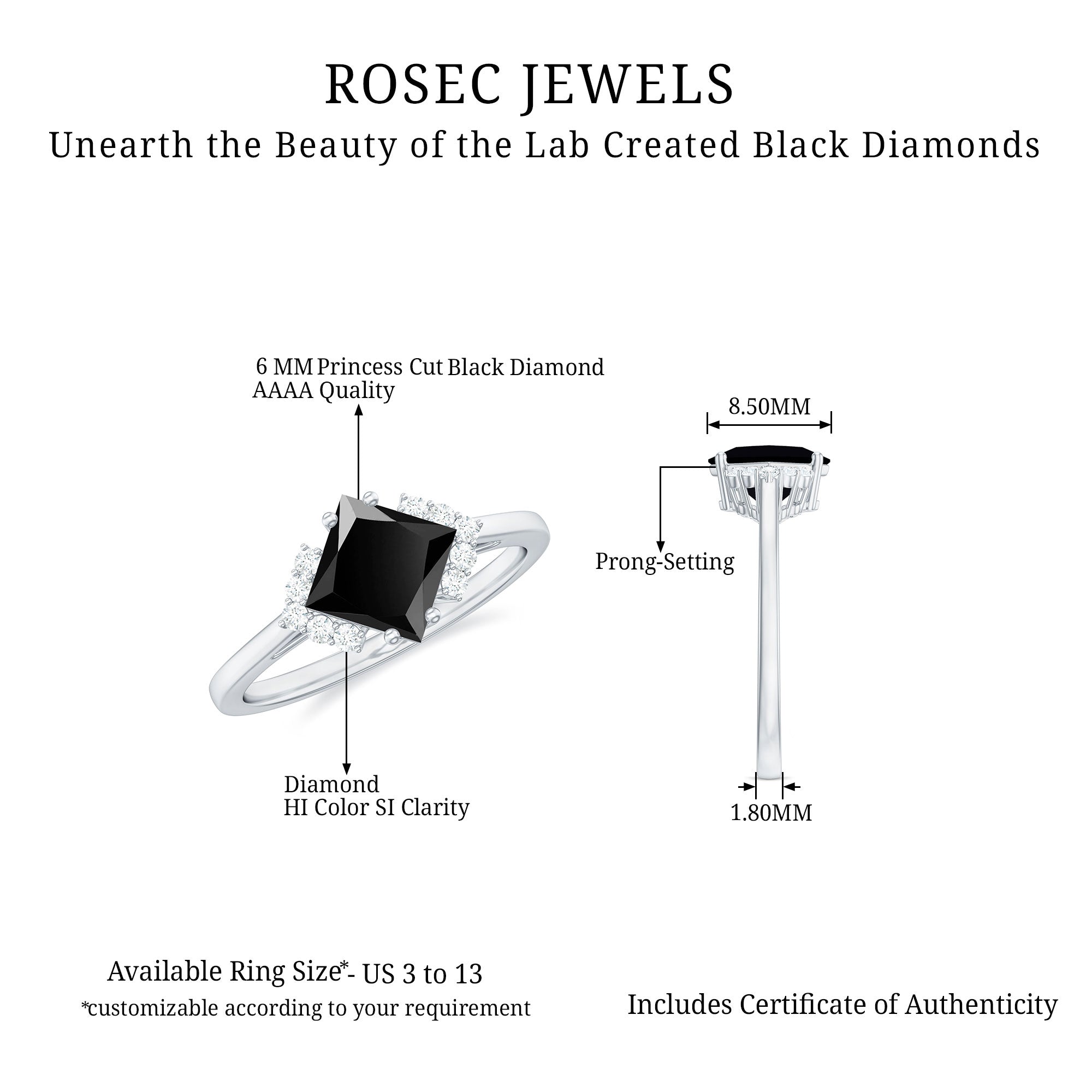 Princess Cut Created Black Diamond Engagement Ring with Diamond