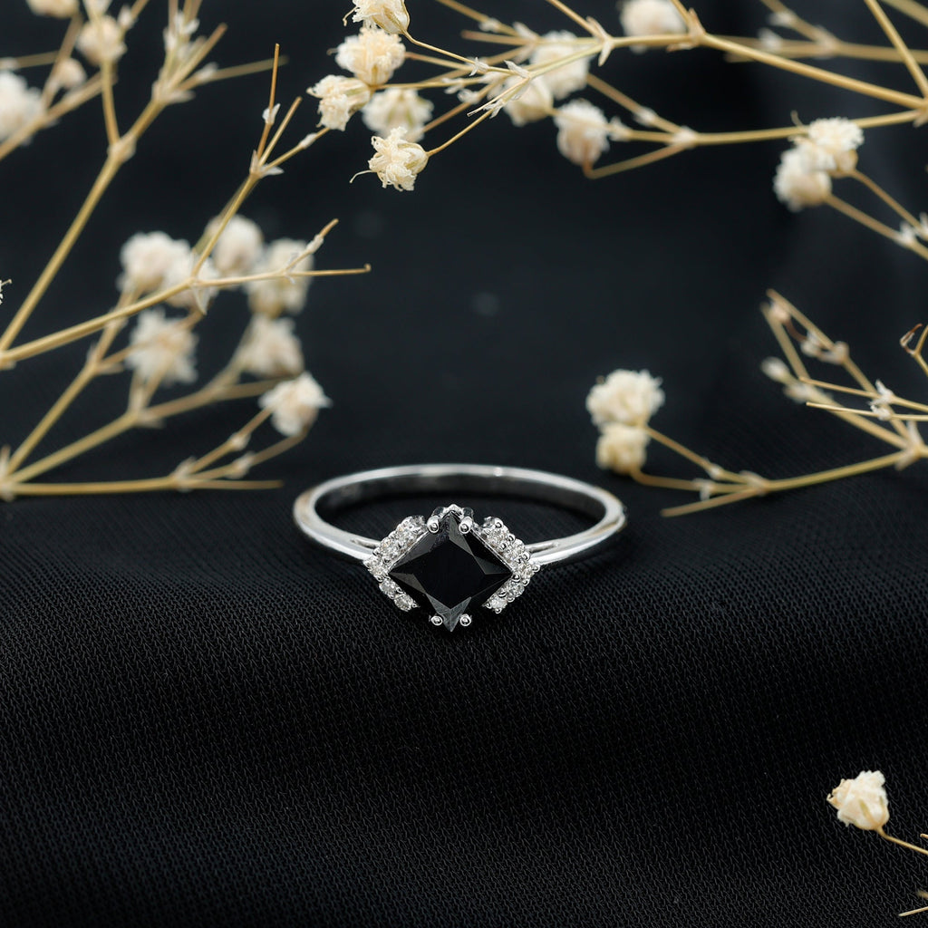 Princess Cut Created Black Diamond Engagement Ring with Diamond
