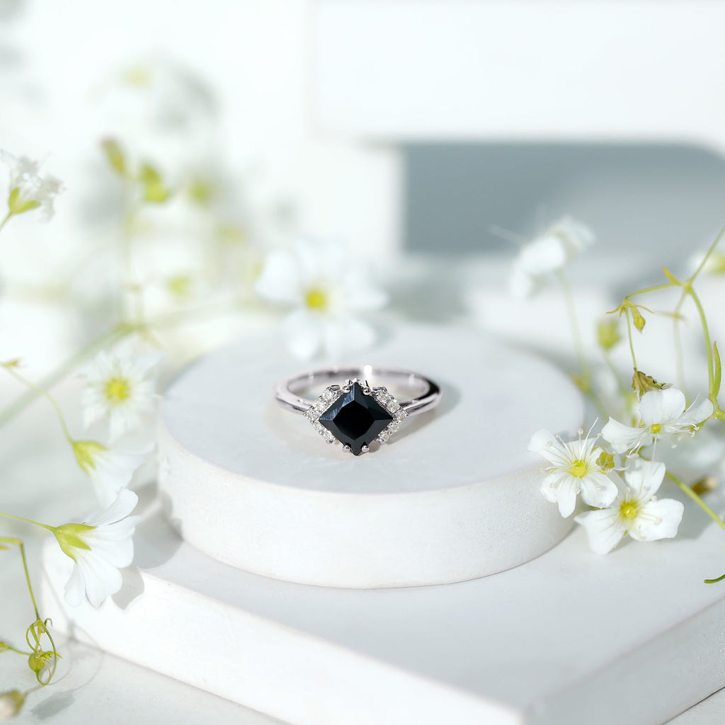 Princess Cut Created Black Diamond Engagement Ring with Diamond