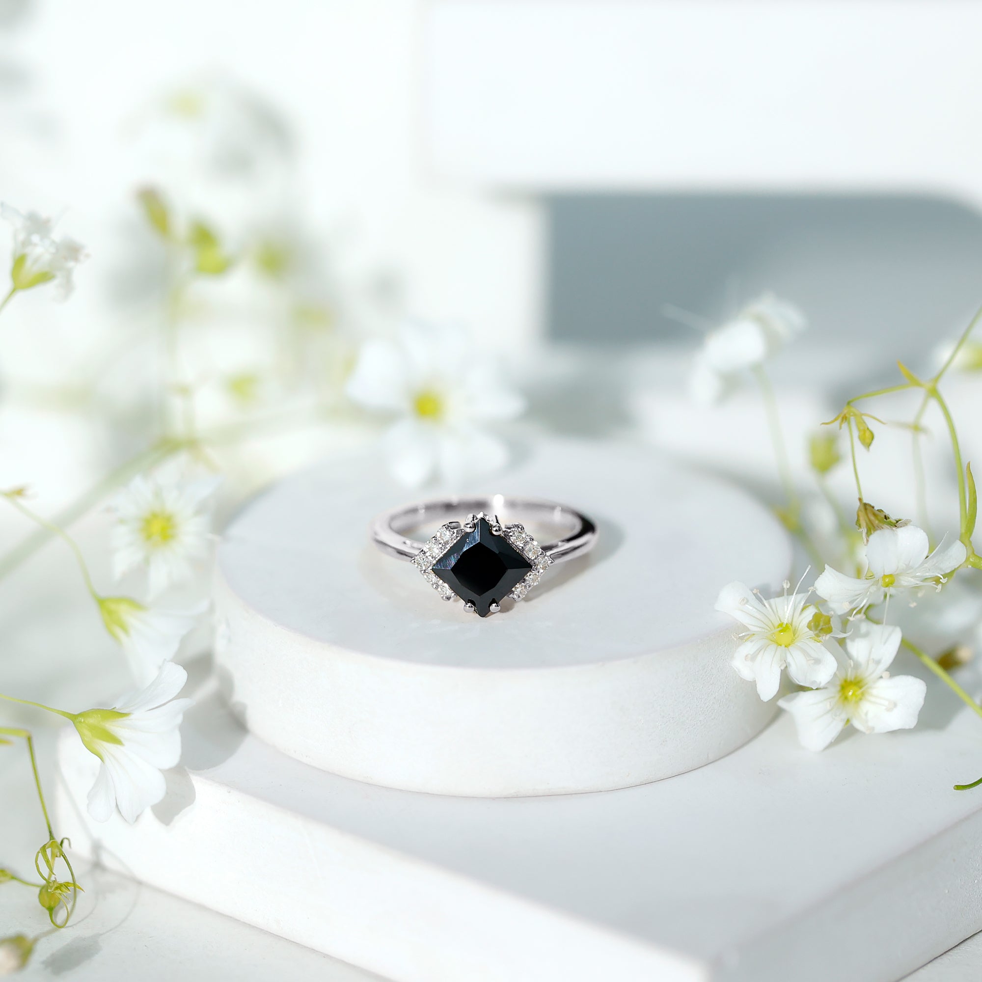 Princess Cut Created Black Diamond Engagement Ring with Diamond
