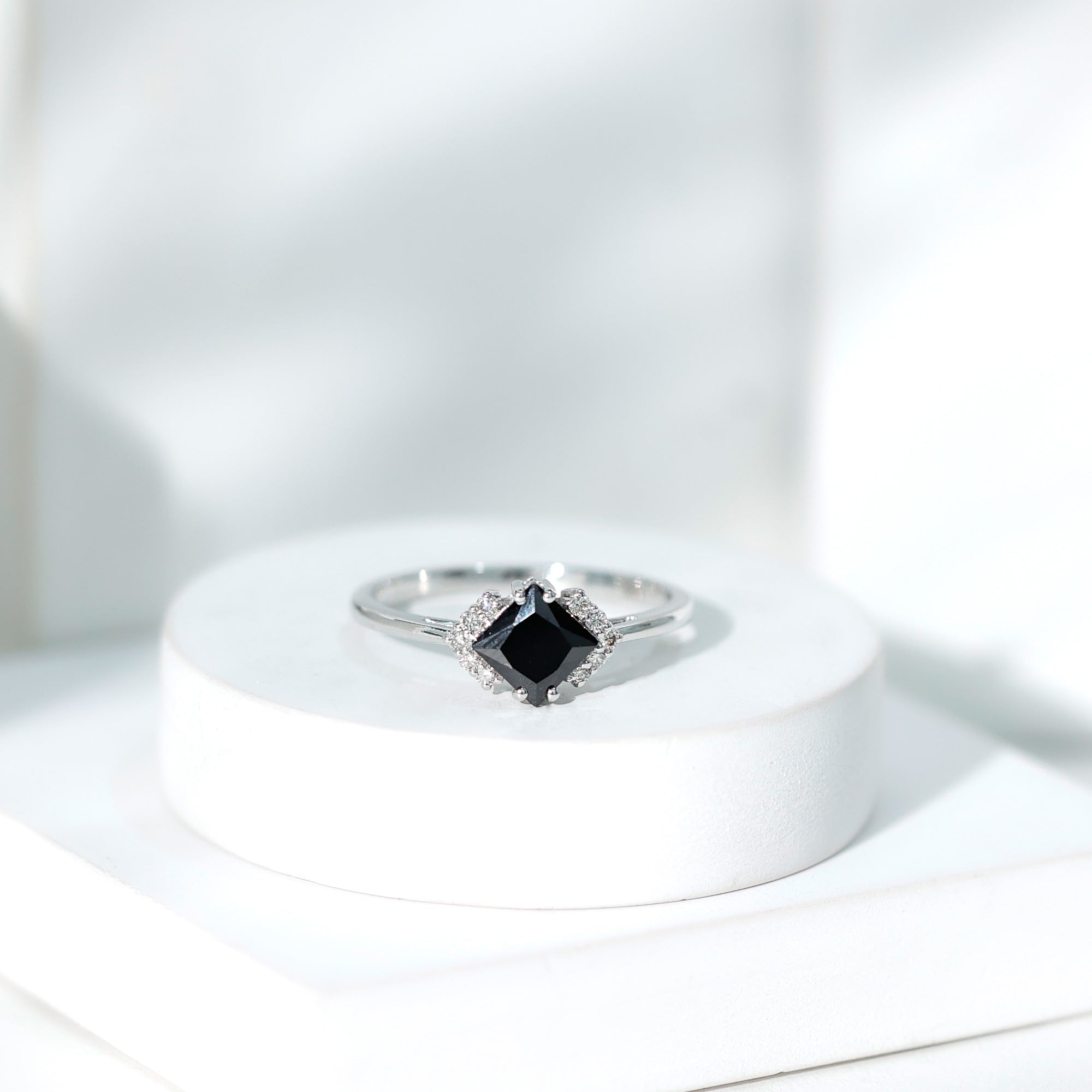 Princess Cut Created Black Diamond Engagement Ring with Diamond