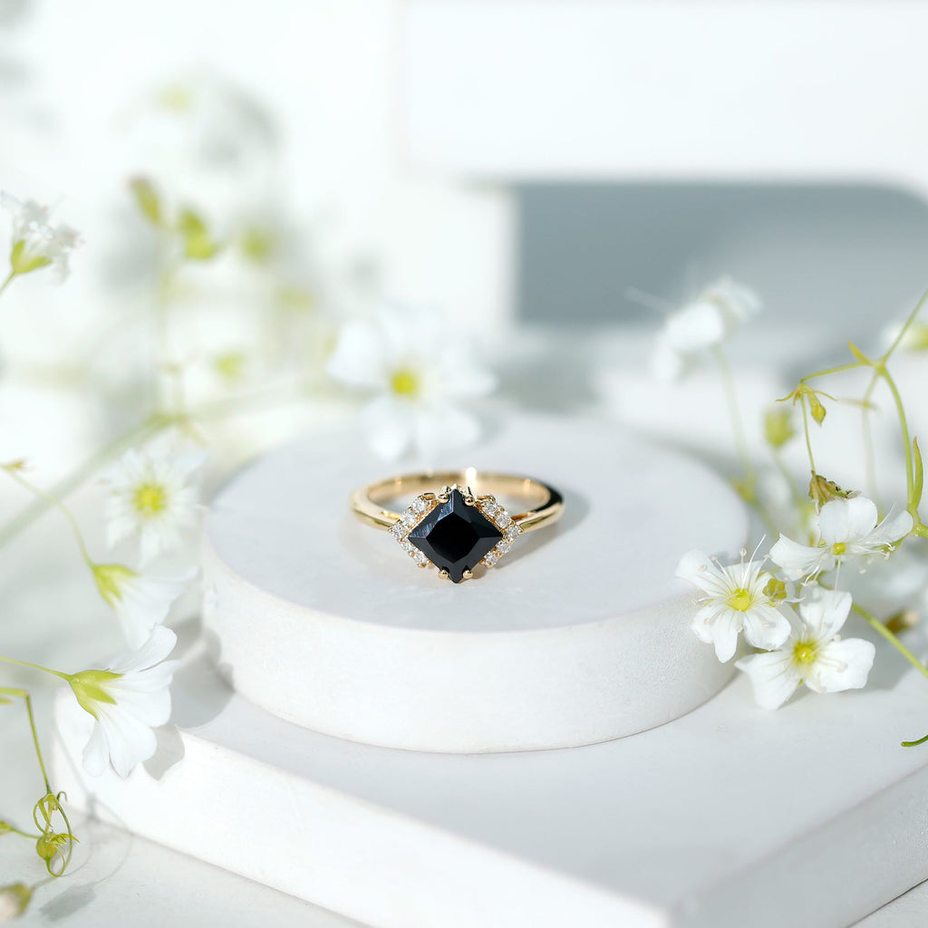 Princess Cut Created Black Diamond Engagement Ring with Diamond