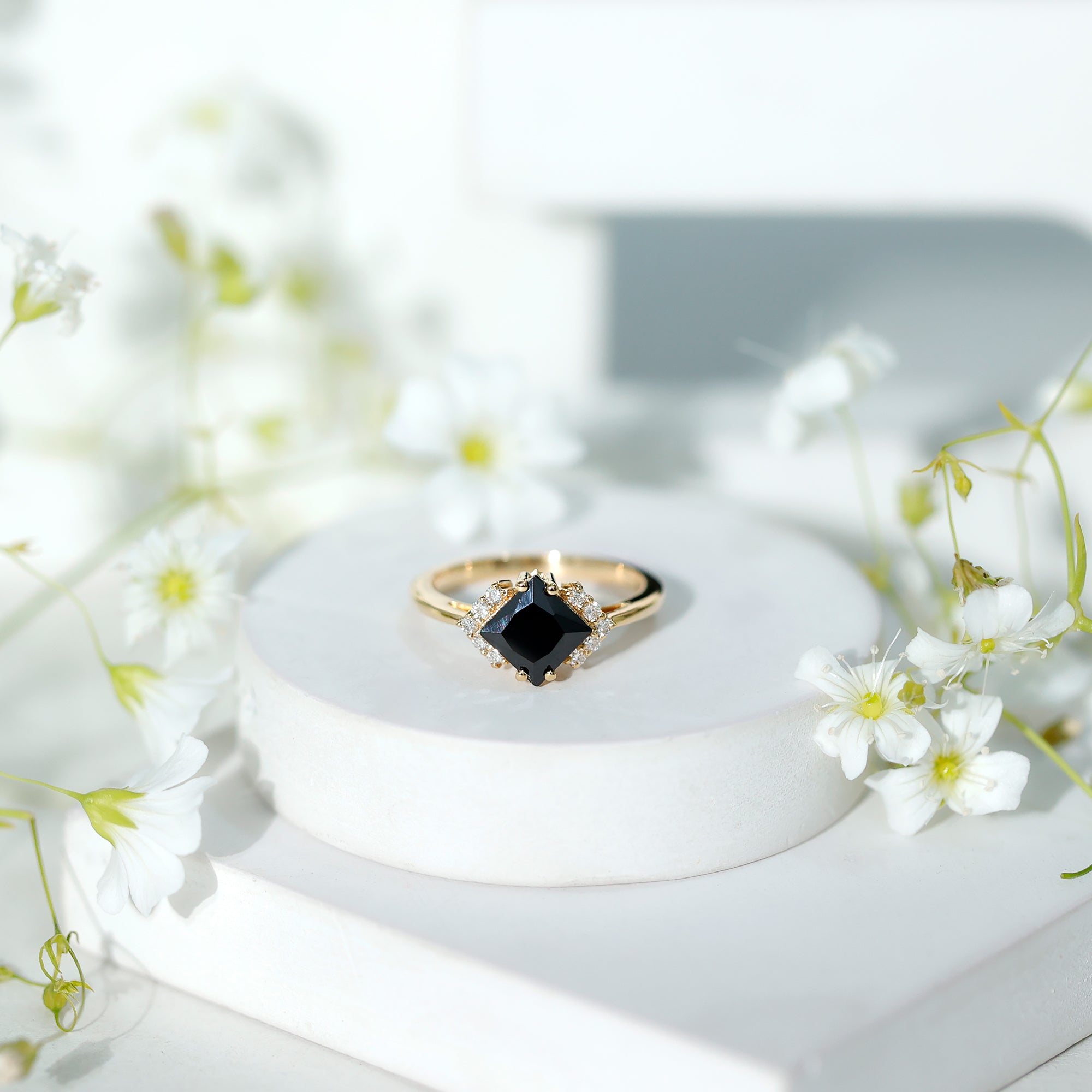 Princess Cut Created Black Diamond Engagement Ring with Diamond