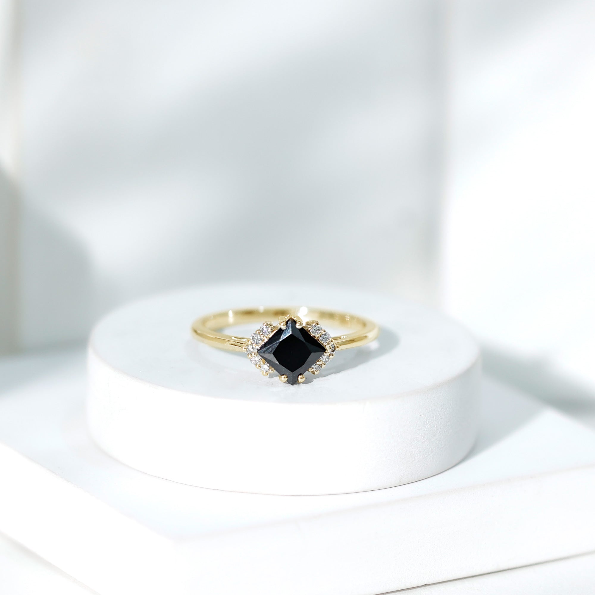Princess Cut Created Black Diamond Engagement Ring with Diamond