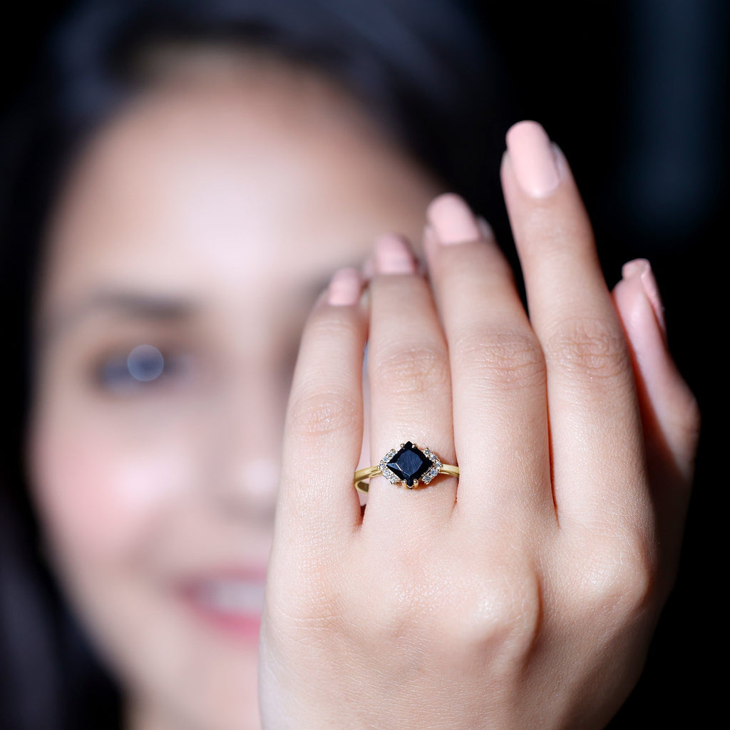 Princess Cut Created Black Diamond Engagement Ring with Diamond